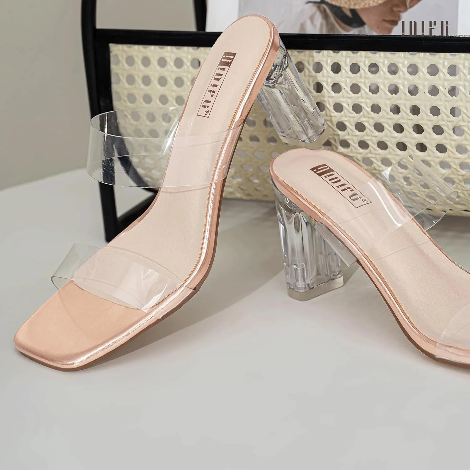 IDIFU IN3 Clear Heels for Women Transparent Two Strap Low Chunky Block Heels Square Open Toe Slides Heeled Sandals Wedding Prom Party Dress Shoes Comfortable Slip On Mule Heels