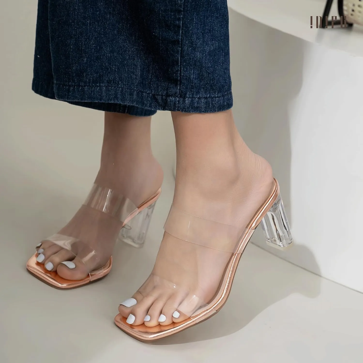 IDIFU IN3 Clear Heels for Women Transparent Two Strap Low Chunky Block Heels Square Open Toe Slides Heeled Sandals Wedding Prom Party Dress Shoes Comfortable Slip On Mule Heels