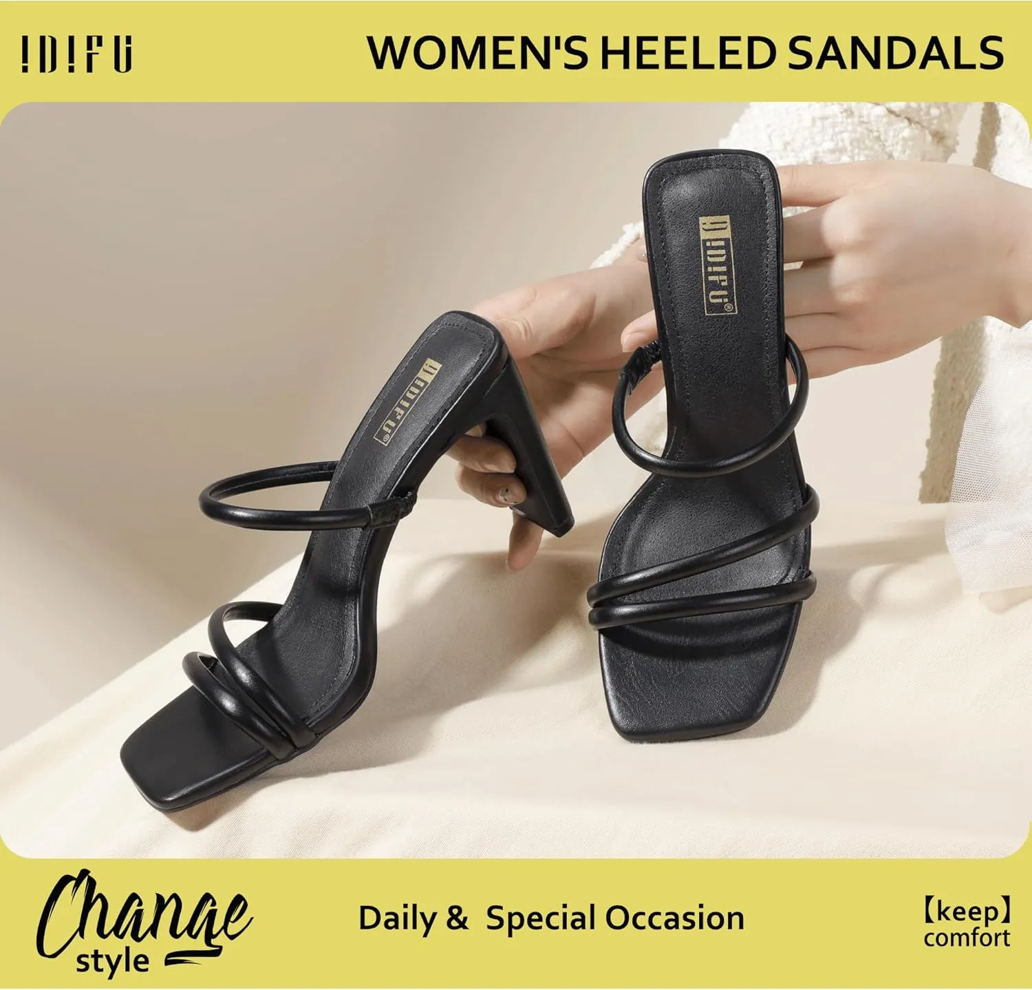 IDIFU IN3 High Heels Strappy Chunky Block Heels Square Toe Three Strap Slip On Heels Comfortable Slides Heeled Sandals Sexy Wedding Party Dress Shoes Open Toe Mules Heels for Women