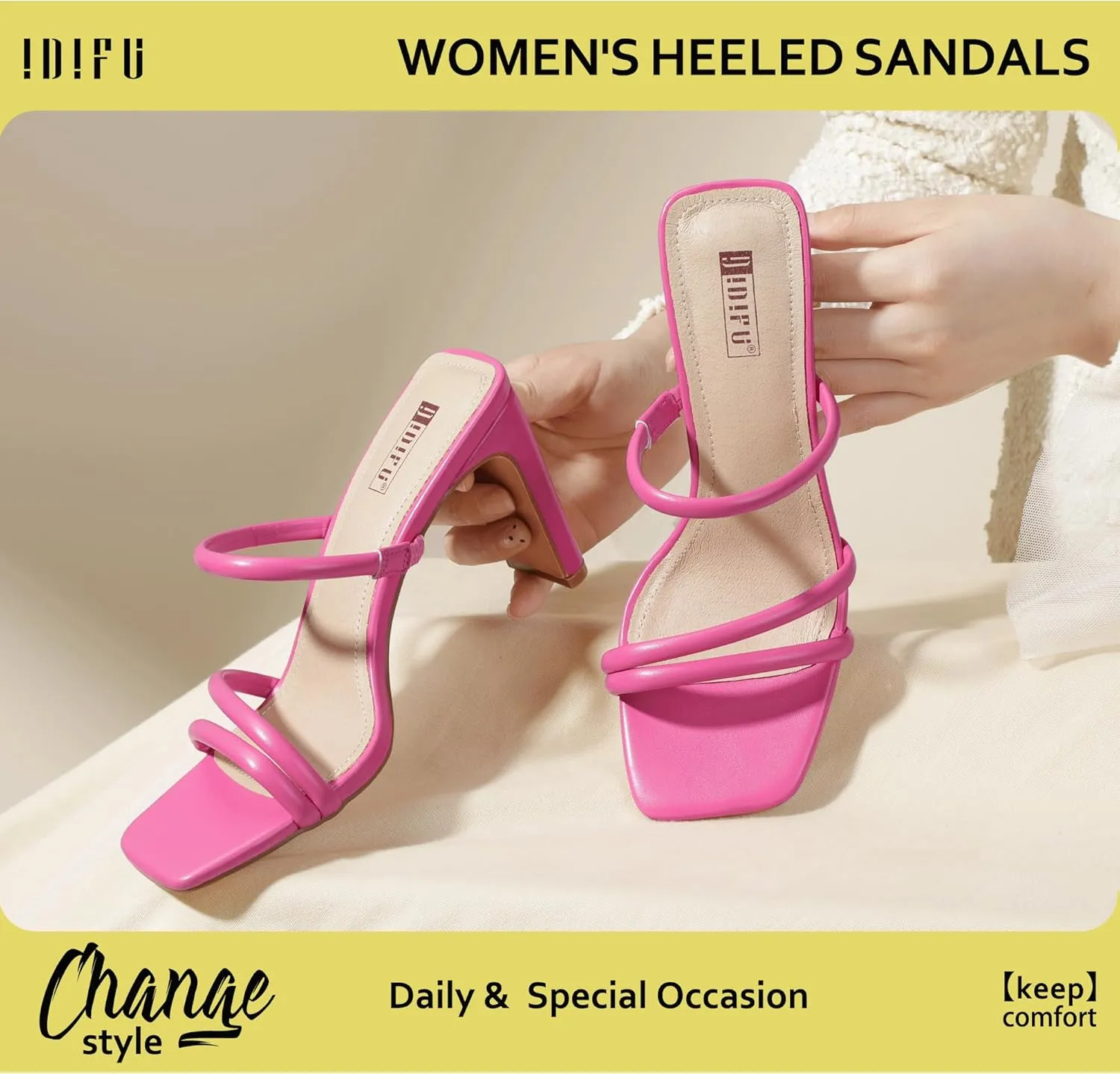 IDIFU IN3 High Heels Strappy Chunky Block Heels Square Toe Three Strap Slip On Heels Comfortable Slides Heeled Sandals Sexy Wedding Party Dress Shoes Open Toe Mules Heels for Women