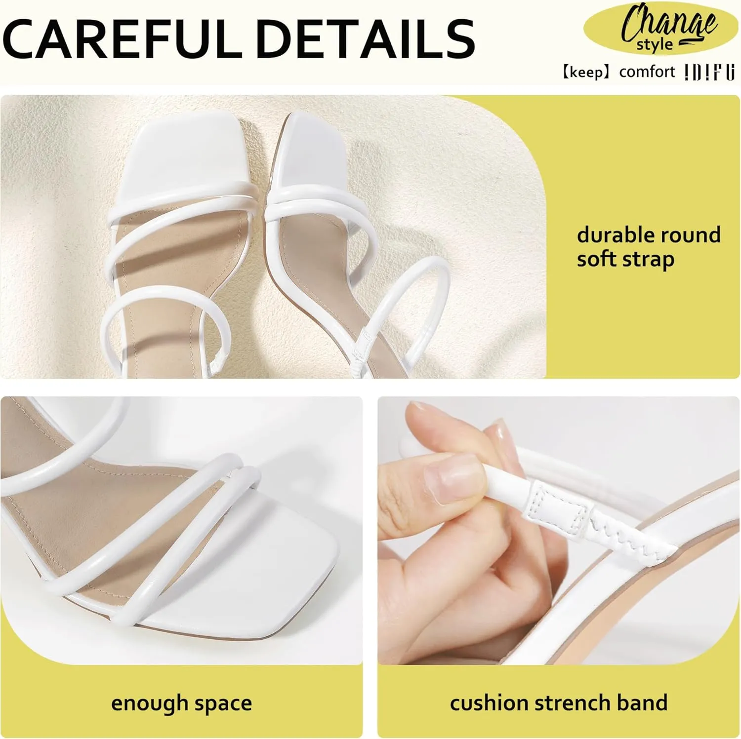 IDIFU IN3 High Heels Strappy Chunky Block Heels Square Toe Three Strap Slip On Heels Comfortable Slides Heeled Sandals Sexy Wedding Party Dress Shoes Open Toe Mules Heels for Women