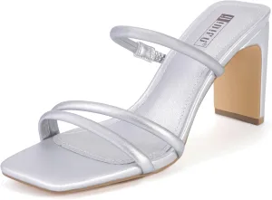 IDIFU IN3 High Heels Strappy Chunky Block Heels Square Toe Three Strap Slip On Heels Comfortable Slides Heeled Sandals Sexy Wedding Party Dress Shoes Open Toe Mules Heels for Women