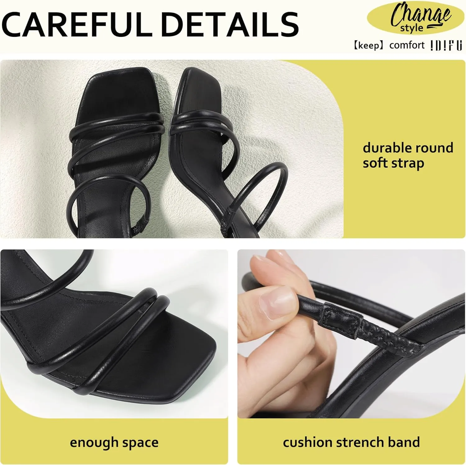IDIFU IN3 High Heels Strappy Chunky Block Heels Square Toe Three Strap Slip On Heels Comfortable Slides Heeled Sandals Sexy Wedding Party Dress Shoes Open Toe Mules Heels for Women