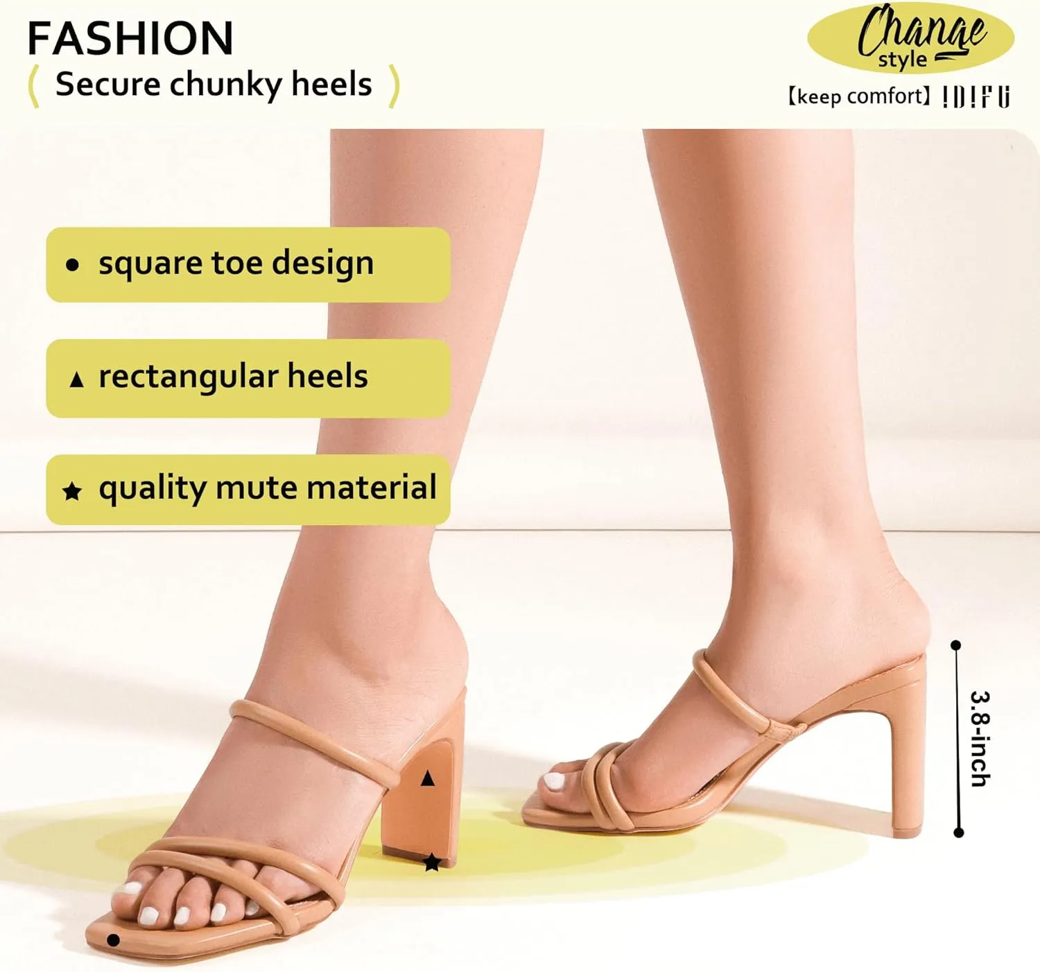 IDIFU IN3 High Heels Strappy Chunky Block Heels Square Toe Three Strap Slip On Heels Comfortable Slides Heeled Sandals Sexy Wedding Party Dress Shoes Open Toe Mules Heels for Women