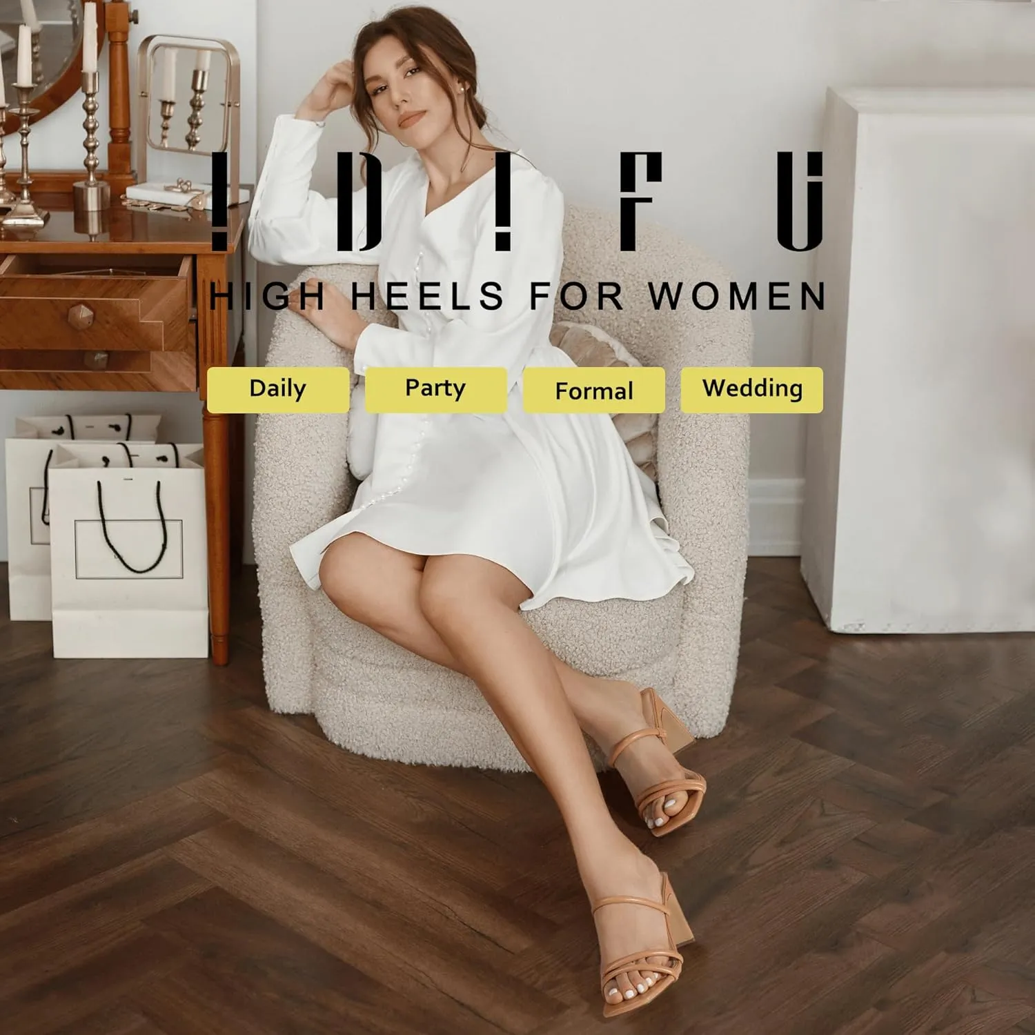 IDIFU IN3 High Heels Strappy Chunky Block Heels Square Toe Three Strap Slip On Heels Comfortable Slides Heeled Sandals Sexy Wedding Party Dress Shoes Open Toe Mules Heels for Women