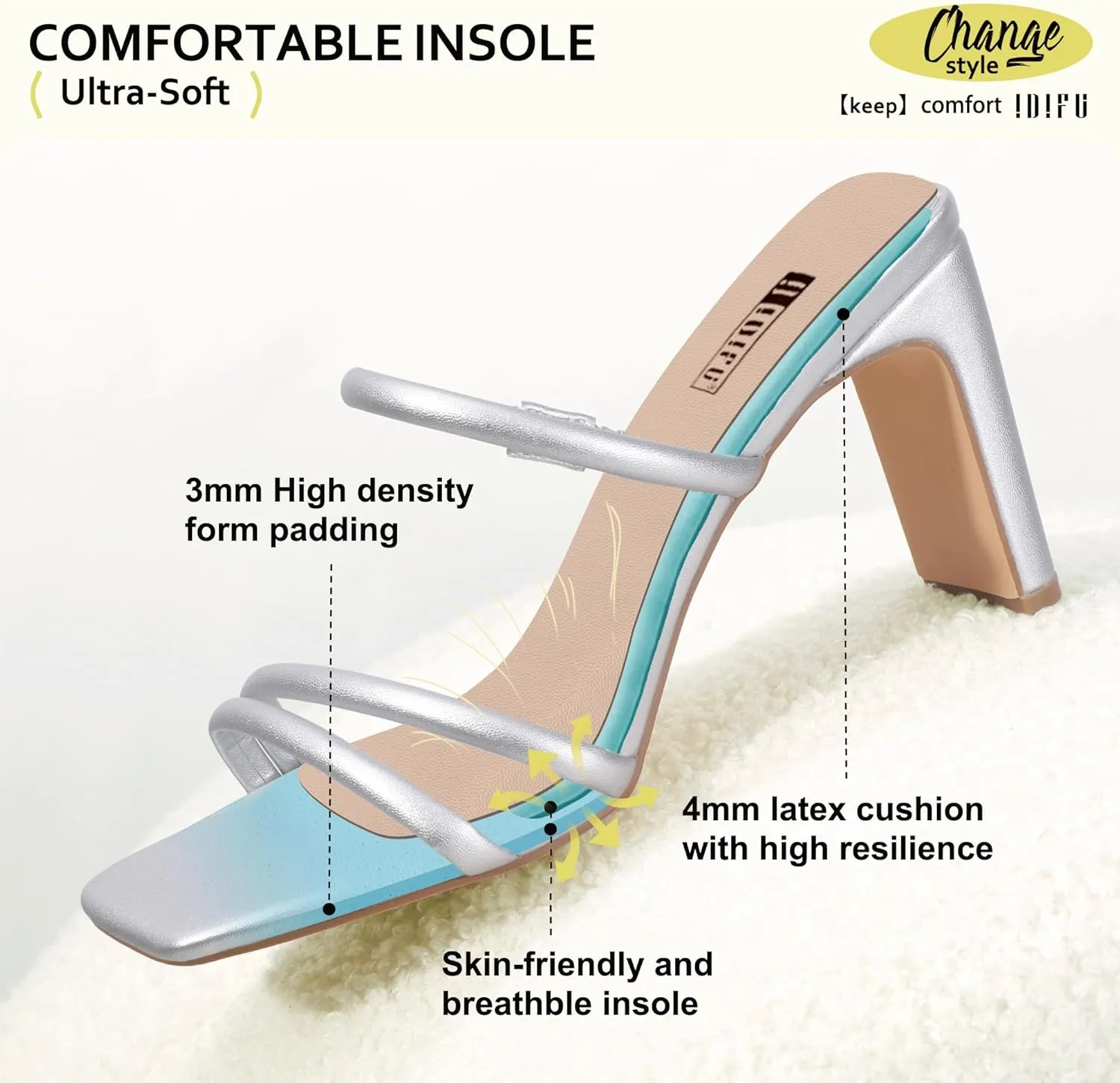 IDIFU IN3 High Heels Strappy Chunky Block Heels Square Toe Three Strap Slip On Heels Comfortable Slides Heeled Sandals Sexy Wedding Party Dress Shoes Open Toe Mules Heels for Women