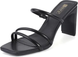 IDIFU IN3 High Heels Strappy Chunky Block Heels Square Toe Three Strap Slip On Heels Comfortable Slides Heeled Sandals Sexy Wedding Party Dress Shoes Open Toe Mules Heels for Women