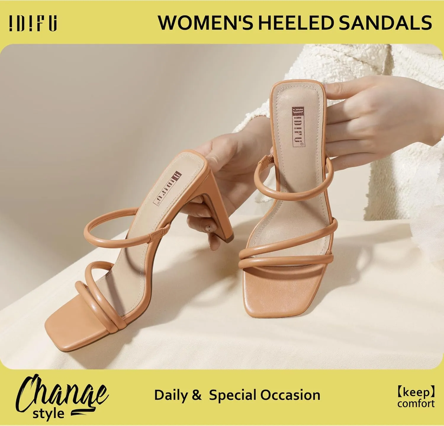 IDIFU IN3 High Heels Strappy Chunky Block Heels Square Toe Three Strap Slip On Heels Comfortable Slides Heeled Sandals Sexy Wedding Party Dress Shoes Open Toe Mules Heels for Women