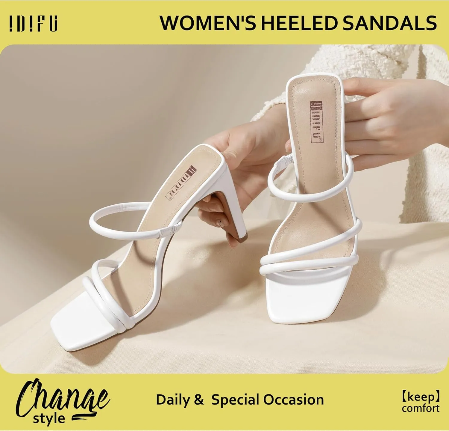 IDIFU IN3 High Heels Strappy Chunky Block Heels Square Toe Three Strap Slip On Heels Comfortable Slides Heeled Sandals Sexy Wedding Party Dress Shoes Open Toe Mules Heels for Women