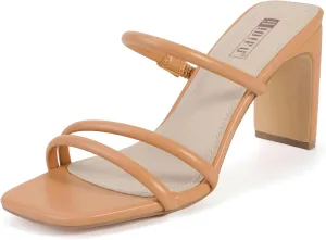 IDIFU IN3 High Heels Strappy Chunky Block Heels Square Toe Three Strap Slip On Heels Comfortable Slides Heeled Sandals Sexy Wedding Party Dress Shoes Open Toe Mules Heels for Women