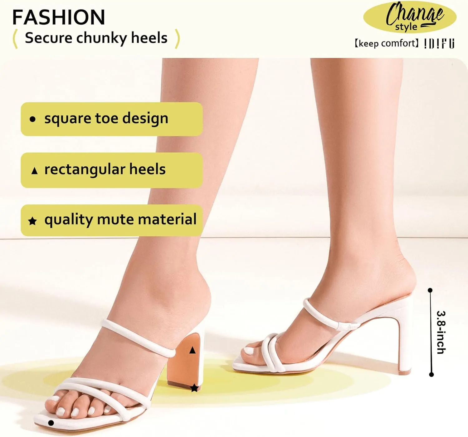 IDIFU IN3 High Heels Strappy Chunky Block Heels Square Toe Three Strap Slip On Heels Comfortable Slides Heeled Sandals Sexy Wedding Party Dress Shoes Open Toe Mules Heels for Women