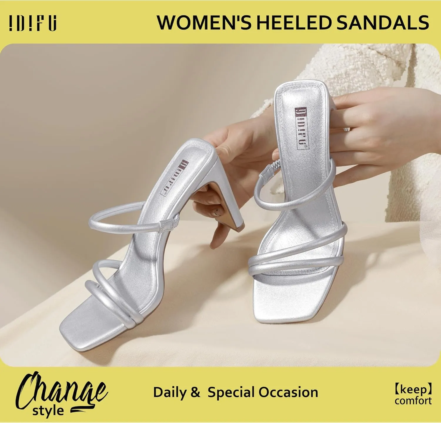 IDIFU IN3 High Heels Strappy Chunky Block Heels Square Toe Three Strap Slip On Heels Comfortable Slides Heeled Sandals Sexy Wedding Party Dress Shoes Open Toe Mules Heels for Women