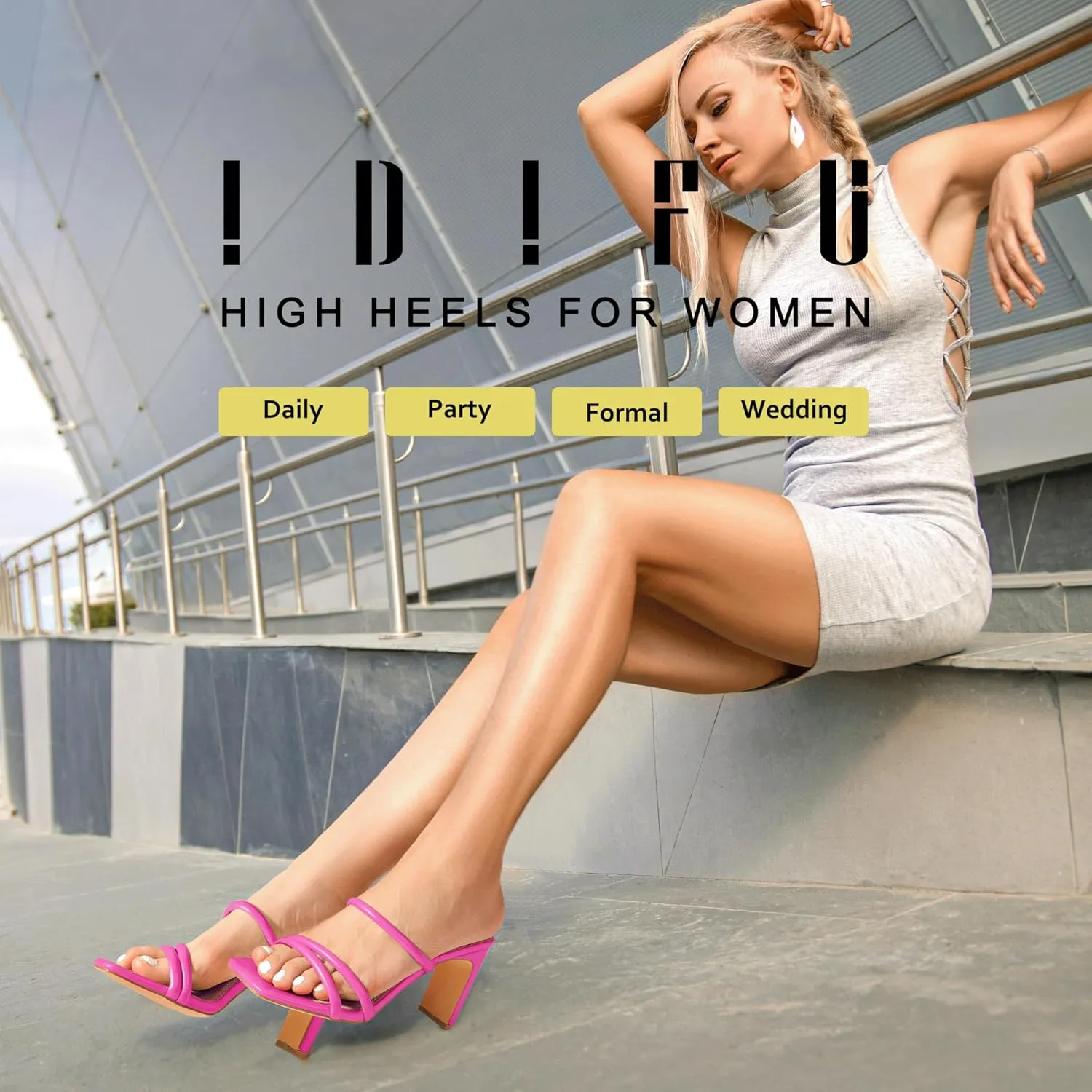 IDIFU IN3 High Heels Strappy Chunky Block Heels Square Toe Three Strap Slip On Heels Comfortable Slides Heeled Sandals Sexy Wedding Party Dress Shoes Open Toe Mules Heels for Women