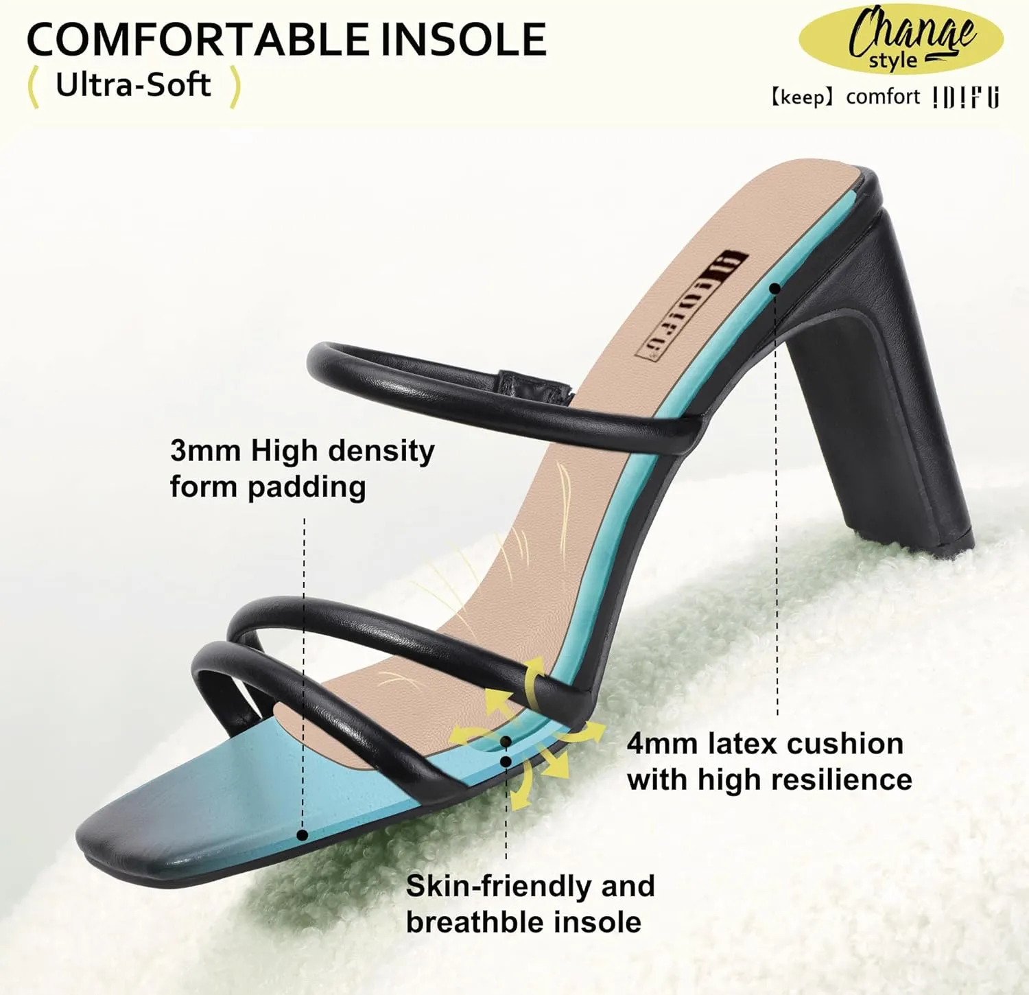 IDIFU IN3 High Heels Strappy Chunky Block Heels Square Toe Three Strap Slip On Heels Comfortable Slides Heeled Sandals Sexy Wedding Party Dress Shoes Open Toe Mules Heels for Women