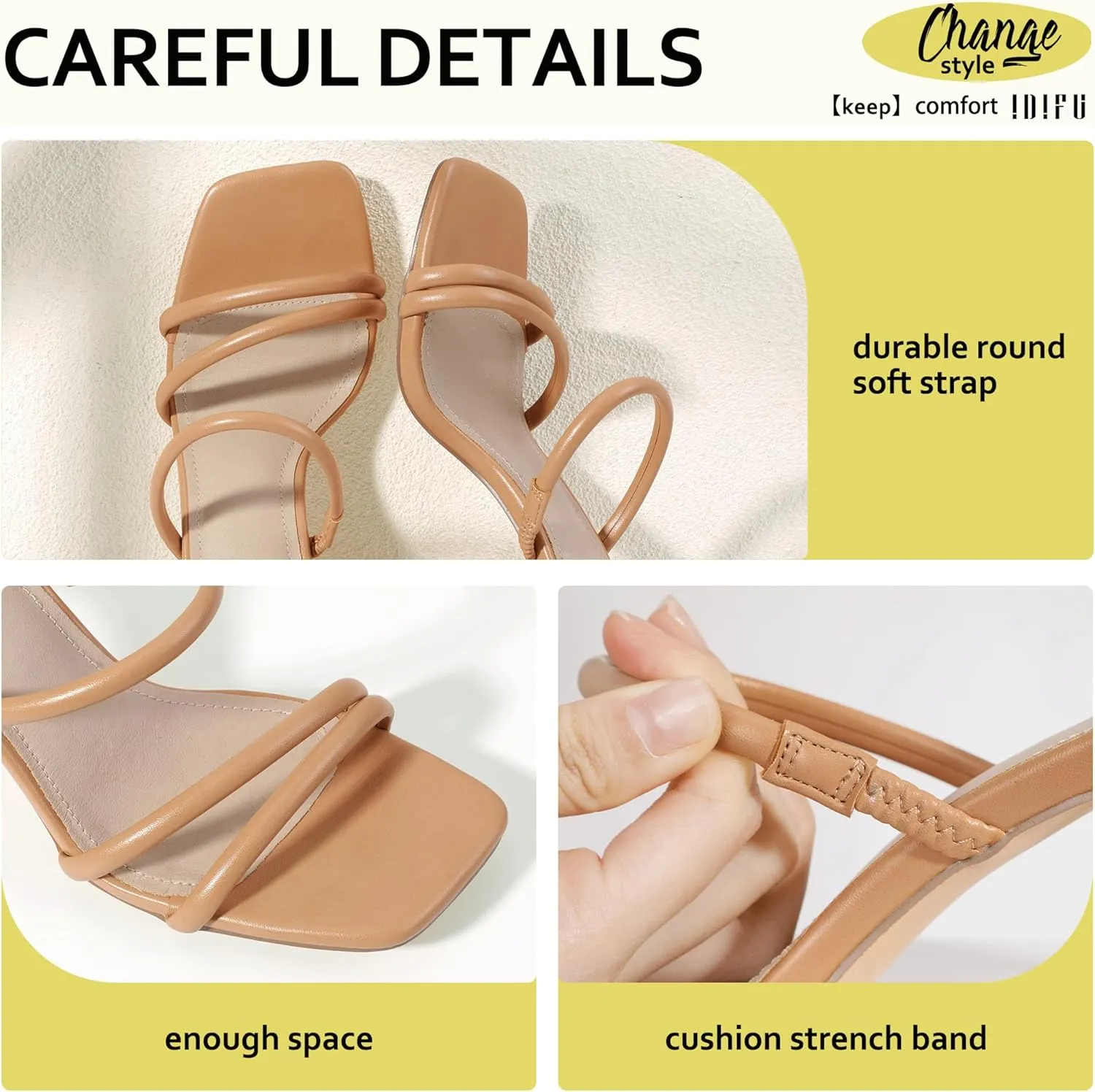 IDIFU IN3 High Heels Strappy Chunky Block Heels Square Toe Three Strap Slip On Heels Comfortable Slides Heeled Sandals Sexy Wedding Party Dress Shoes Open Toe Mules Heels for Women