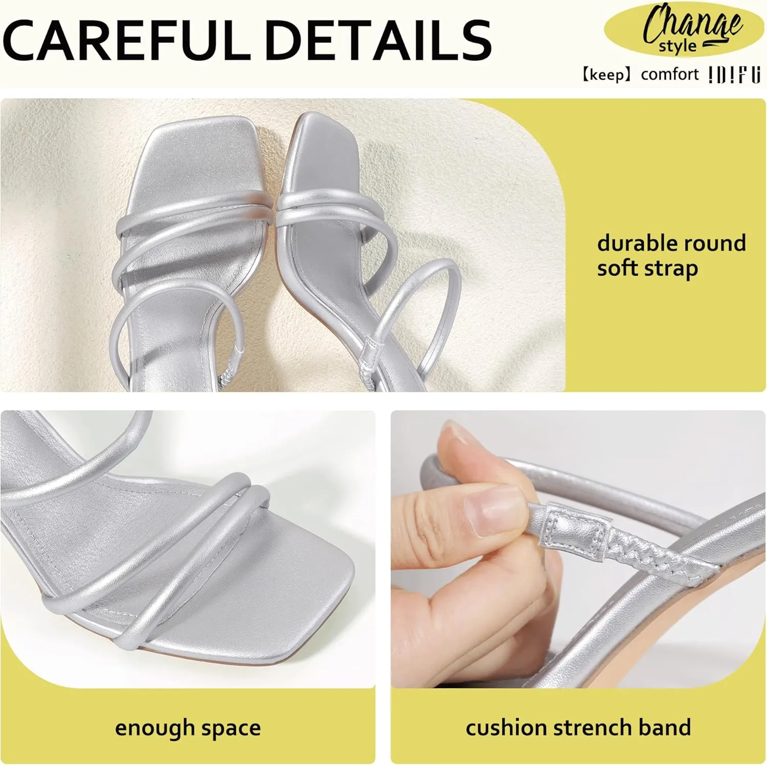 IDIFU IN3 High Heels Strappy Chunky Block Heels Square Toe Three Strap Slip On Heels Comfortable Slides Heeled Sandals Sexy Wedding Party Dress Shoes Open Toe Mules Heels for Women