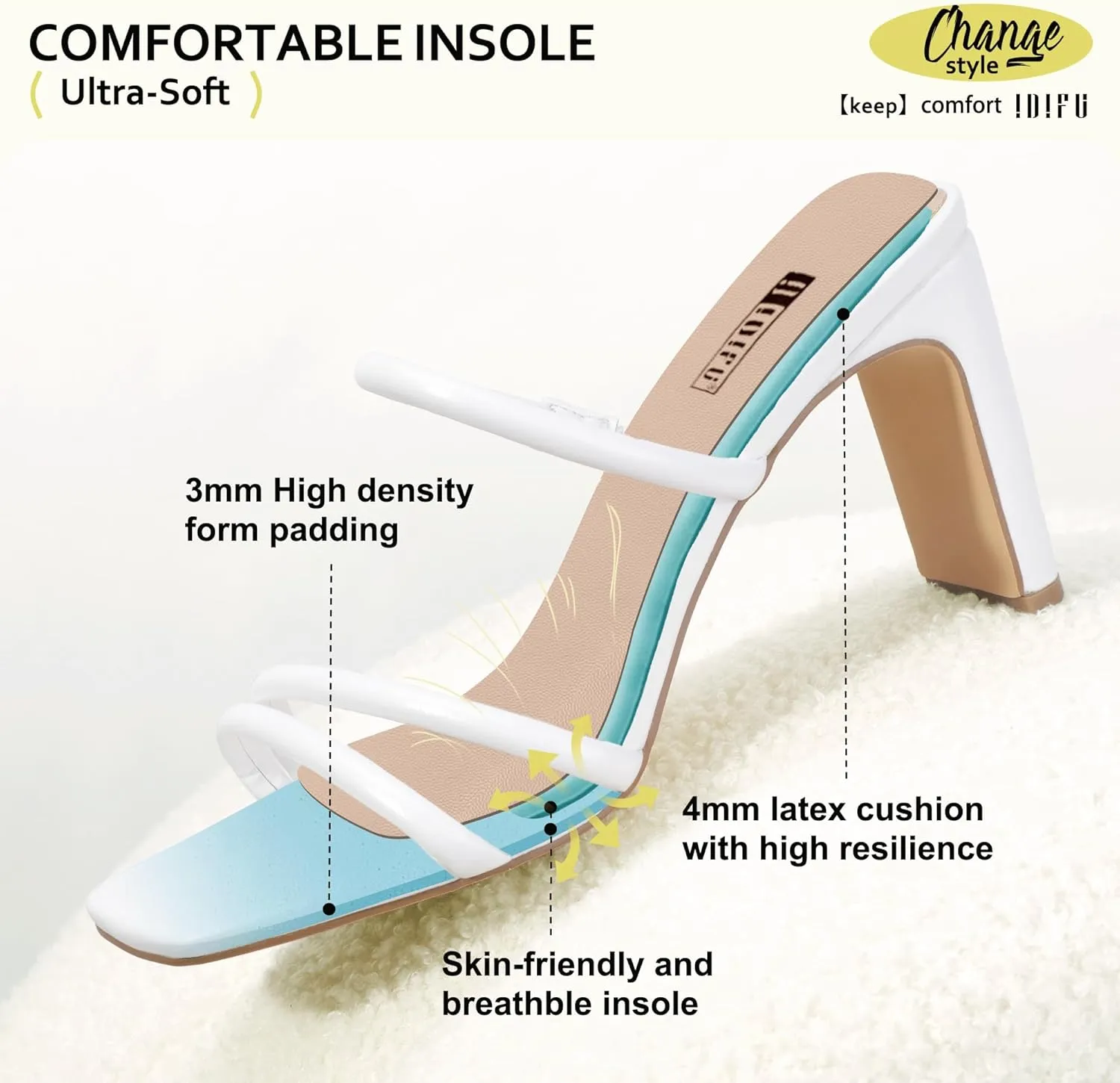 IDIFU IN3 High Heels Strappy Chunky Block Heels Square Toe Three Strap Slip On Heels Comfortable Slides Heeled Sandals Sexy Wedding Party Dress Shoes Open Toe Mules Heels for Women