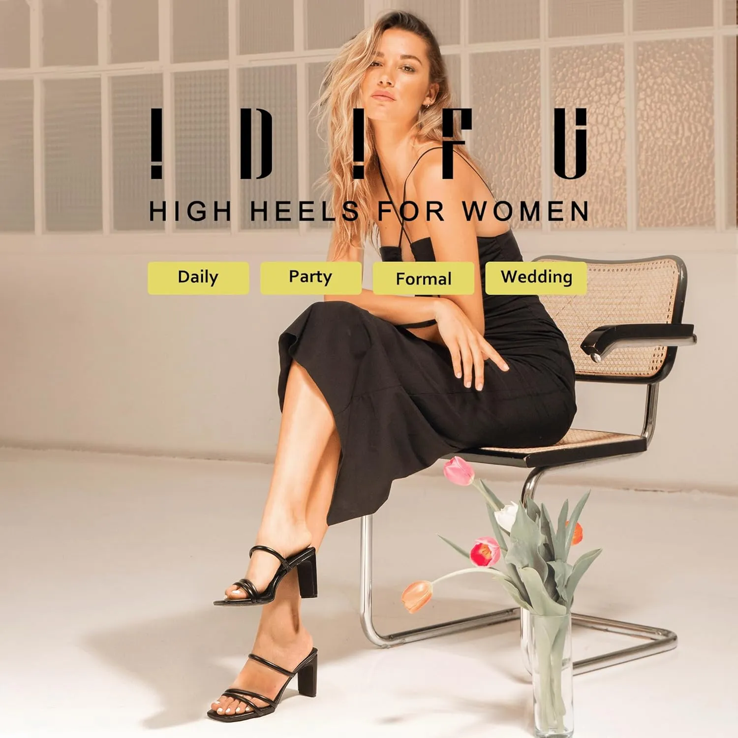 IDIFU IN3 High Heels Strappy Chunky Block Heels Square Toe Three Strap Slip On Heels Comfortable Slides Heeled Sandals Sexy Wedding Party Dress Shoes Open Toe Mules Heels for Women