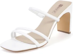 IDIFU IN3 High Heels Strappy Chunky Block Heels Square Toe Three Strap Slip On Heels Comfortable Slides Heeled Sandals Sexy Wedding Party Dress Shoes Open Toe Mules Heels for Women