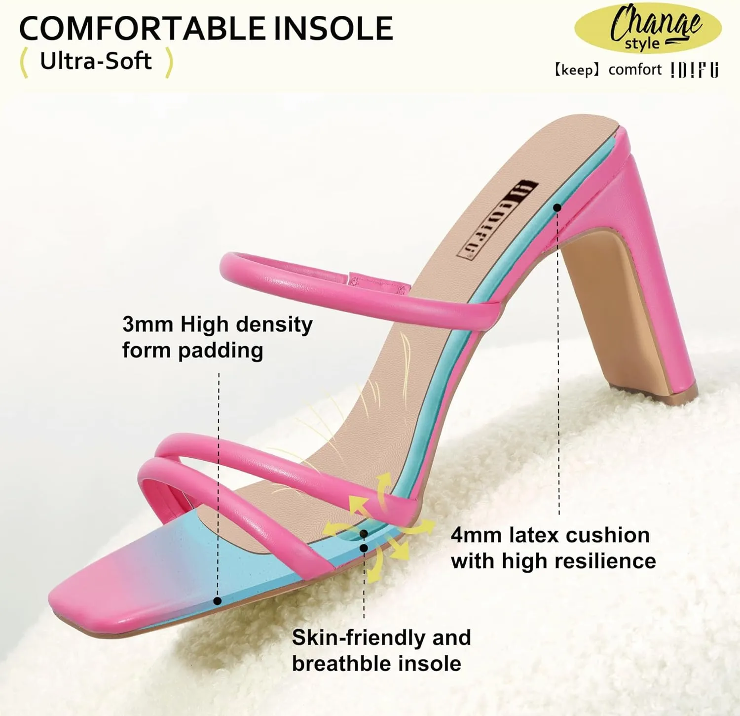 IDIFU IN3 High Heels Strappy Chunky Block Heels Square Toe Three Strap Slip On Heels Comfortable Slides Heeled Sandals Sexy Wedding Party Dress Shoes Open Toe Mules Heels for Women