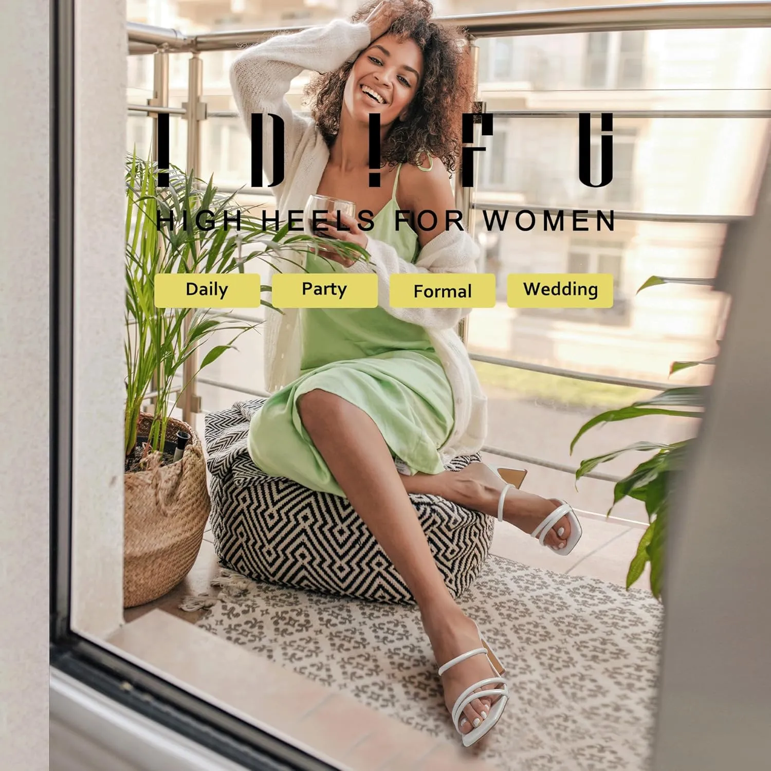 IDIFU IN3 High Heels Strappy Chunky Block Heels Square Toe Three Strap Slip On Heels Comfortable Slides Heeled Sandals Sexy Wedding Party Dress Shoes Open Toe Mules Heels for Women
