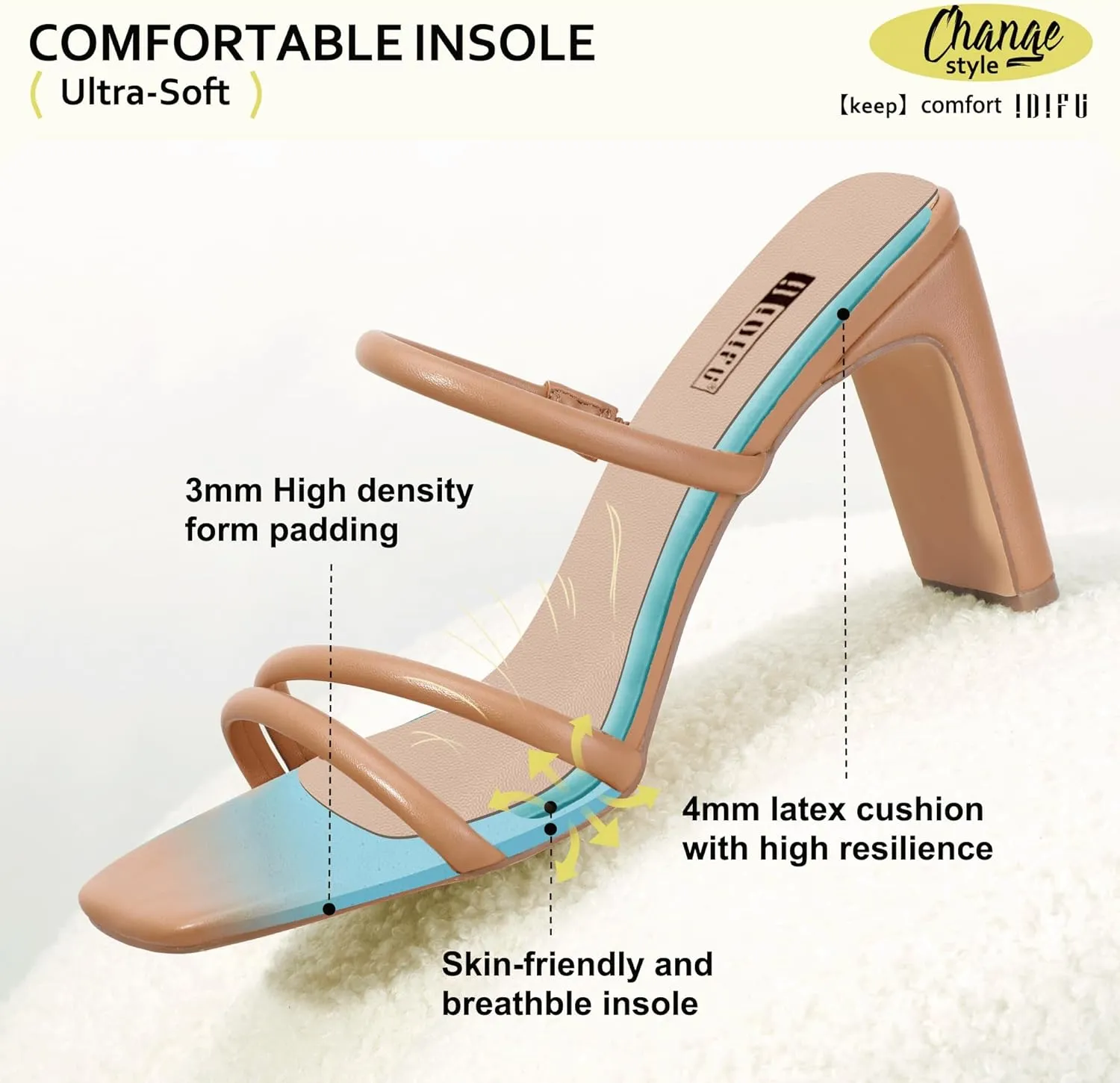 IDIFU IN3 High Heels Strappy Chunky Block Heels Square Toe Three Strap Slip On Heels Comfortable Slides Heeled Sandals Sexy Wedding Party Dress Shoes Open Toe Mules Heels for Women