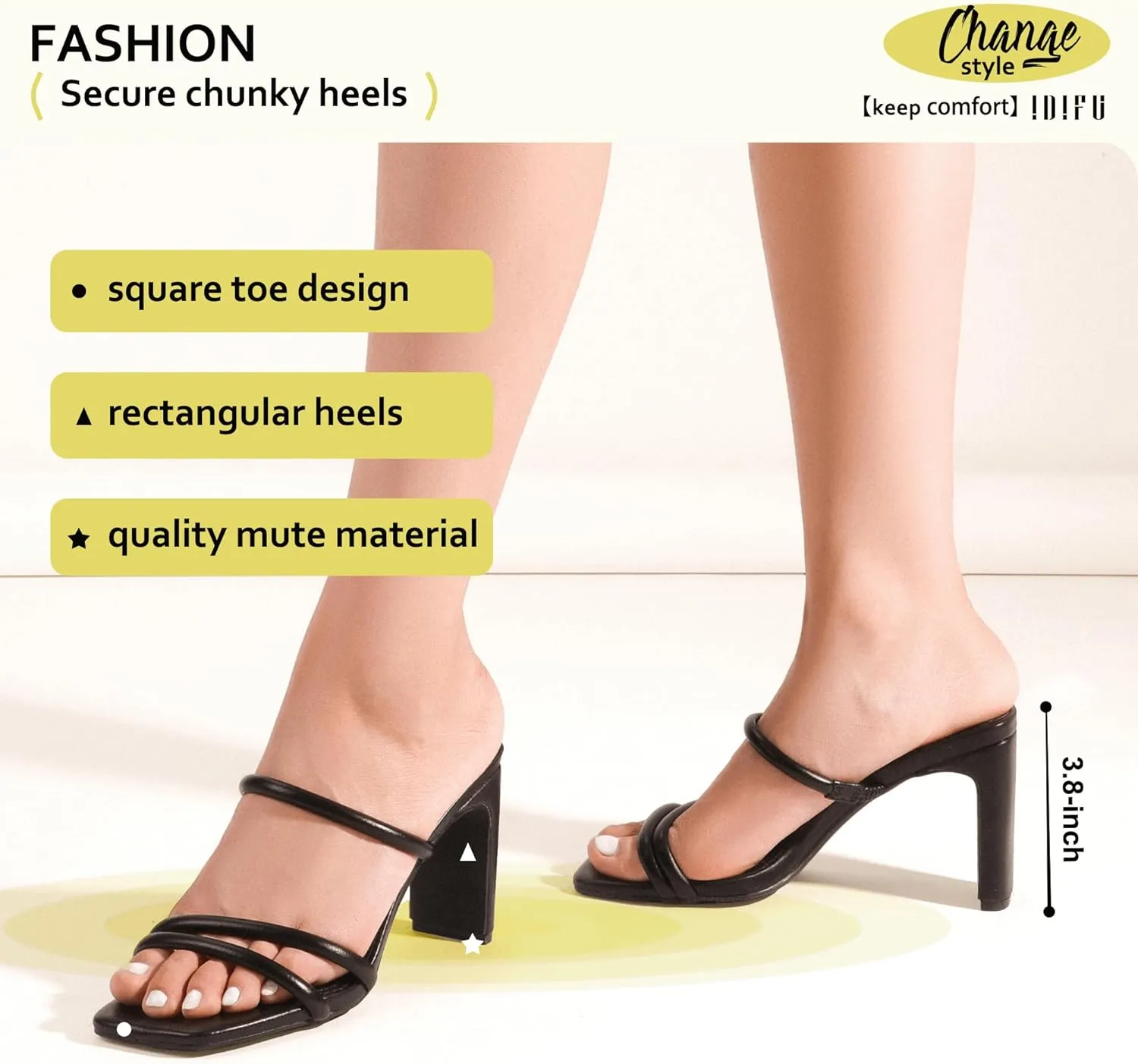 IDIFU IN3 High Heels Strappy Chunky Block Heels Square Toe Three Strap Slip On Heels Comfortable Slides Heeled Sandals Sexy Wedding Party Dress Shoes Open Toe Mules Heels for Women