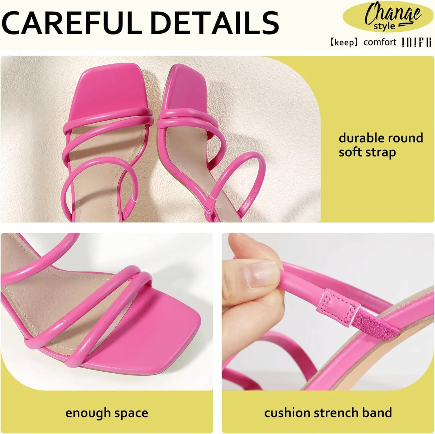 IDIFU IN3 High Heels Strappy Chunky Block Heels Square Toe Three Strap Slip On Heels Comfortable Slides Heeled Sandals Sexy Wedding Party Dress Shoes Open Toe Mules Heels for Women