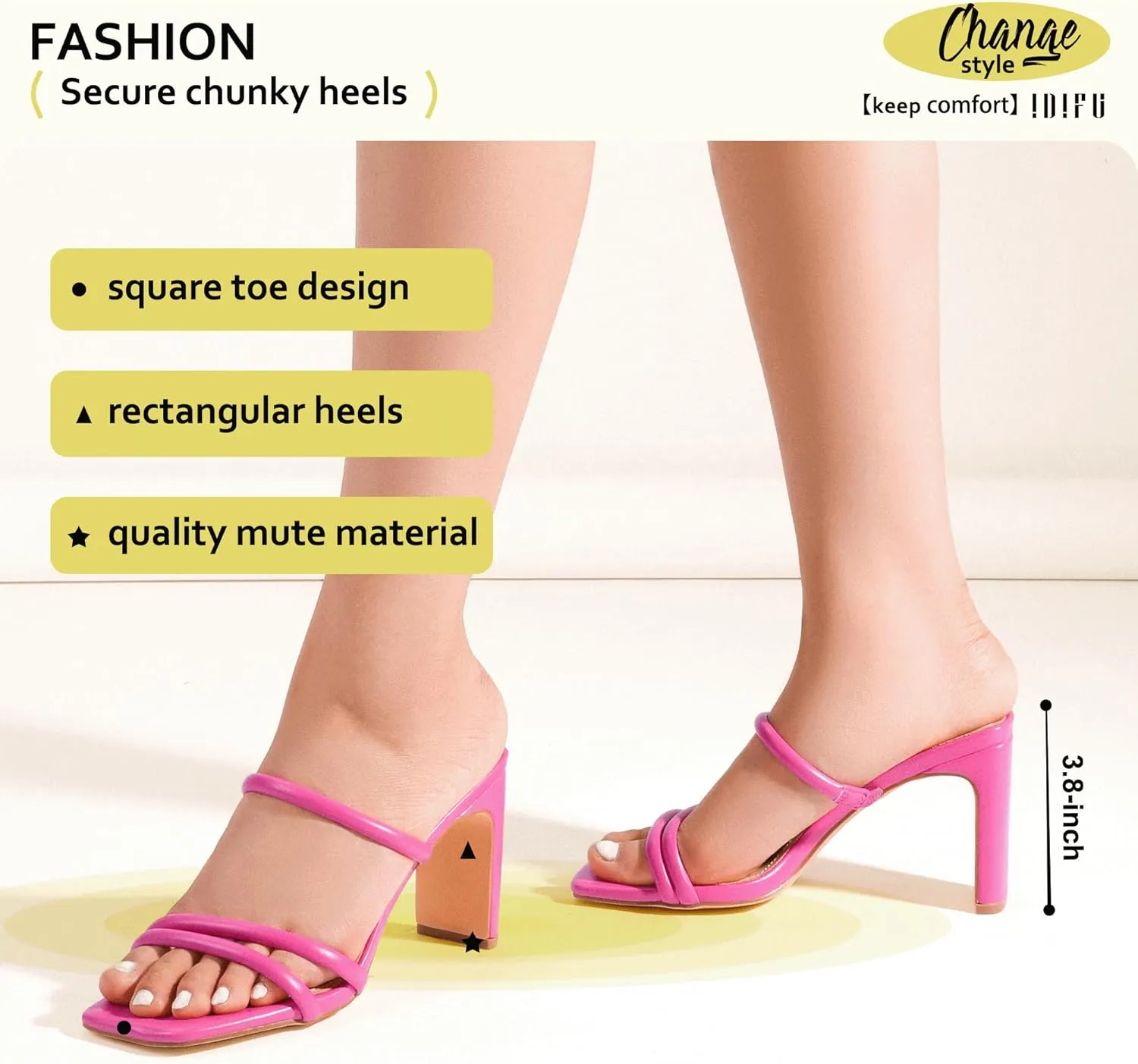 IDIFU IN3 High Heels Strappy Chunky Block Heels Square Toe Three Strap Slip On Heels Comfortable Slides Heeled Sandals Sexy Wedding Party Dress Shoes Open Toe Mules Heels for Women