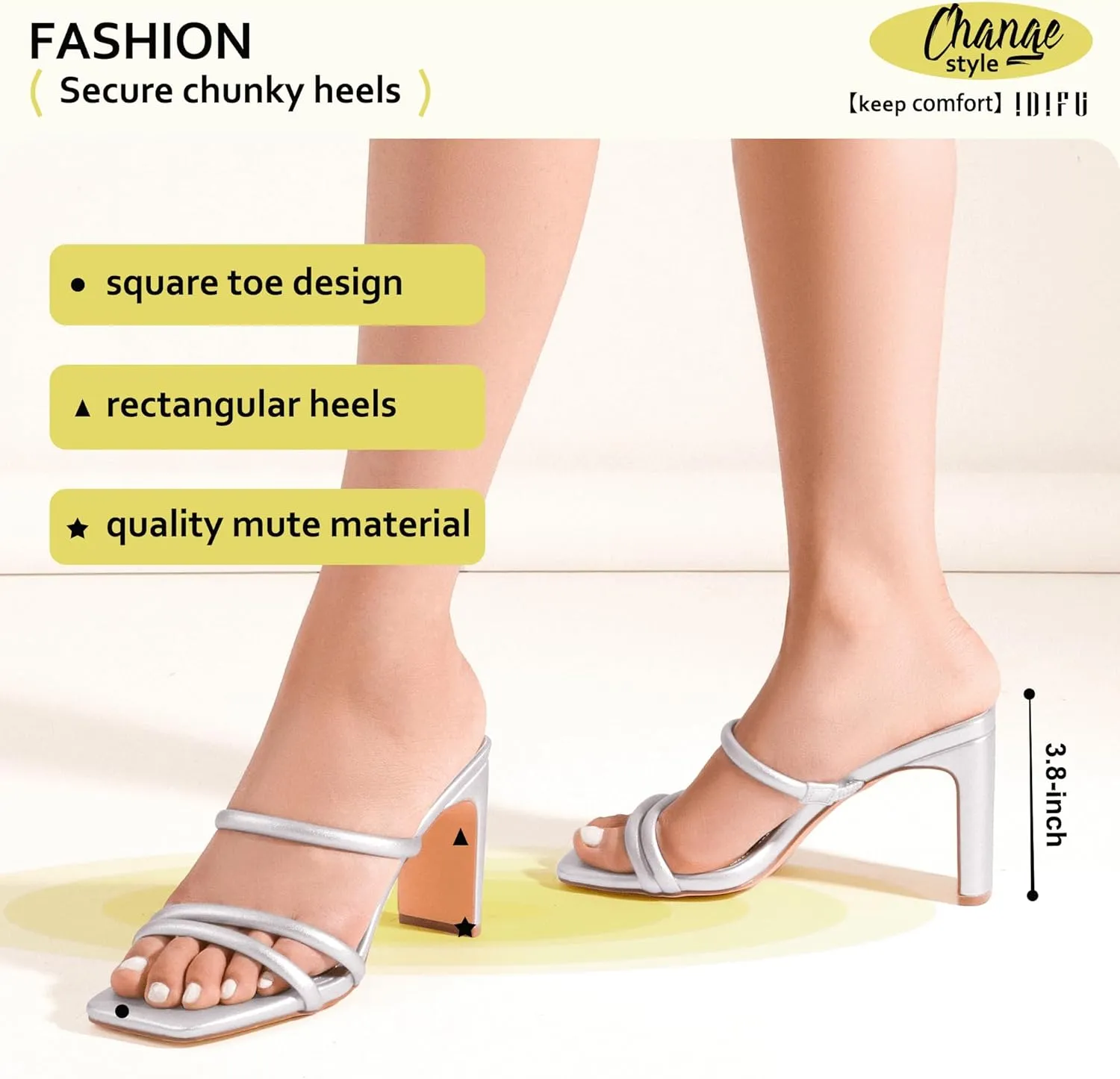 IDIFU IN3 High Heels Strappy Chunky Block Heels Square Toe Three Strap Slip On Heels Comfortable Slides Heeled Sandals Sexy Wedding Party Dress Shoes Open Toe Mules Heels for Women