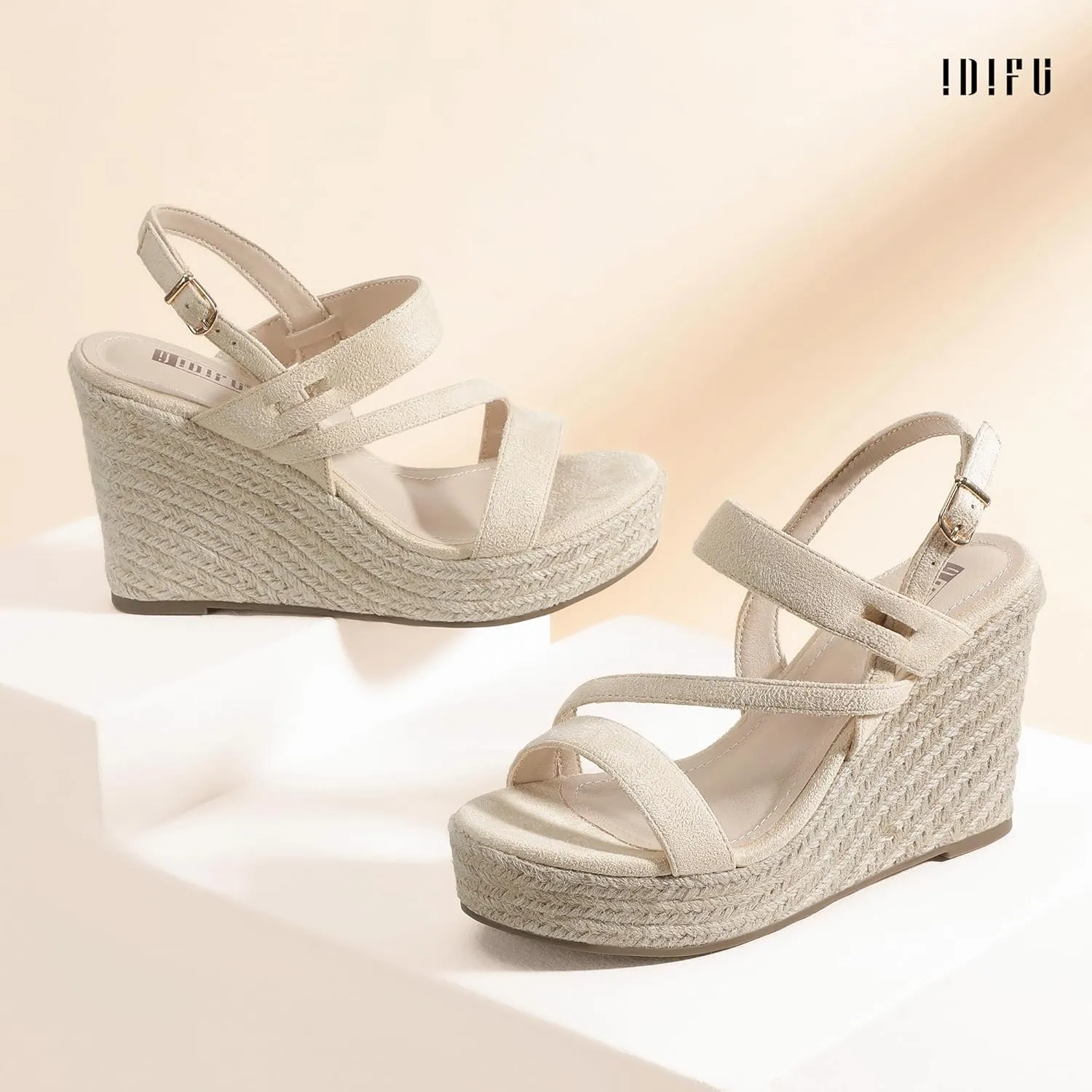IDIFU IN4 Espadrille Wedge Sandals for Women Platform Wedges Heels Wedding Bridal Ladies Open Toe Dressy Sandals Comfortable Summer Ankle Strap Strappy High Heel Wedges