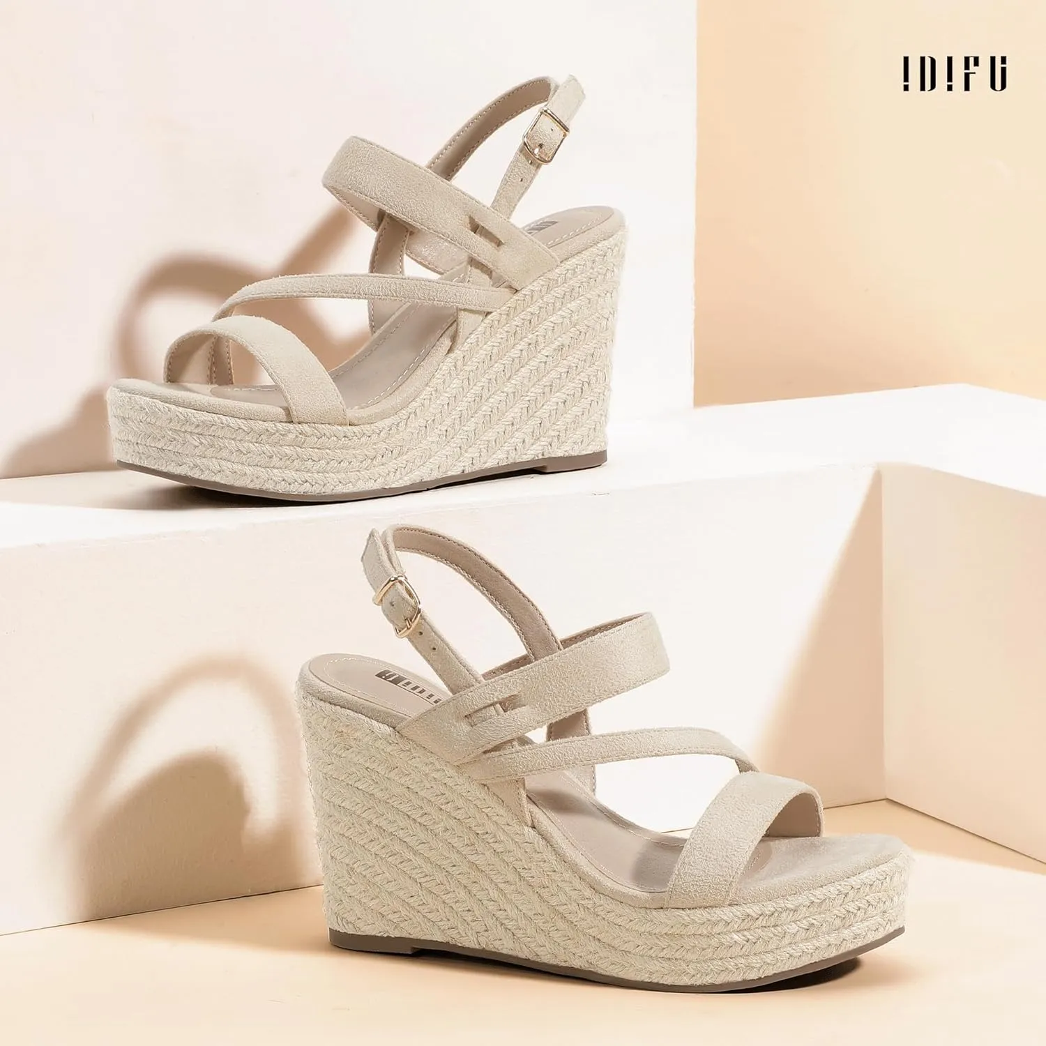 IDIFU IN4 Espadrille Wedge Sandals for Women Platform Wedges Heels Wedding Bridal Ladies Open Toe Dressy Sandals Comfortable Summer Ankle Strap Strappy High Heel Wedges