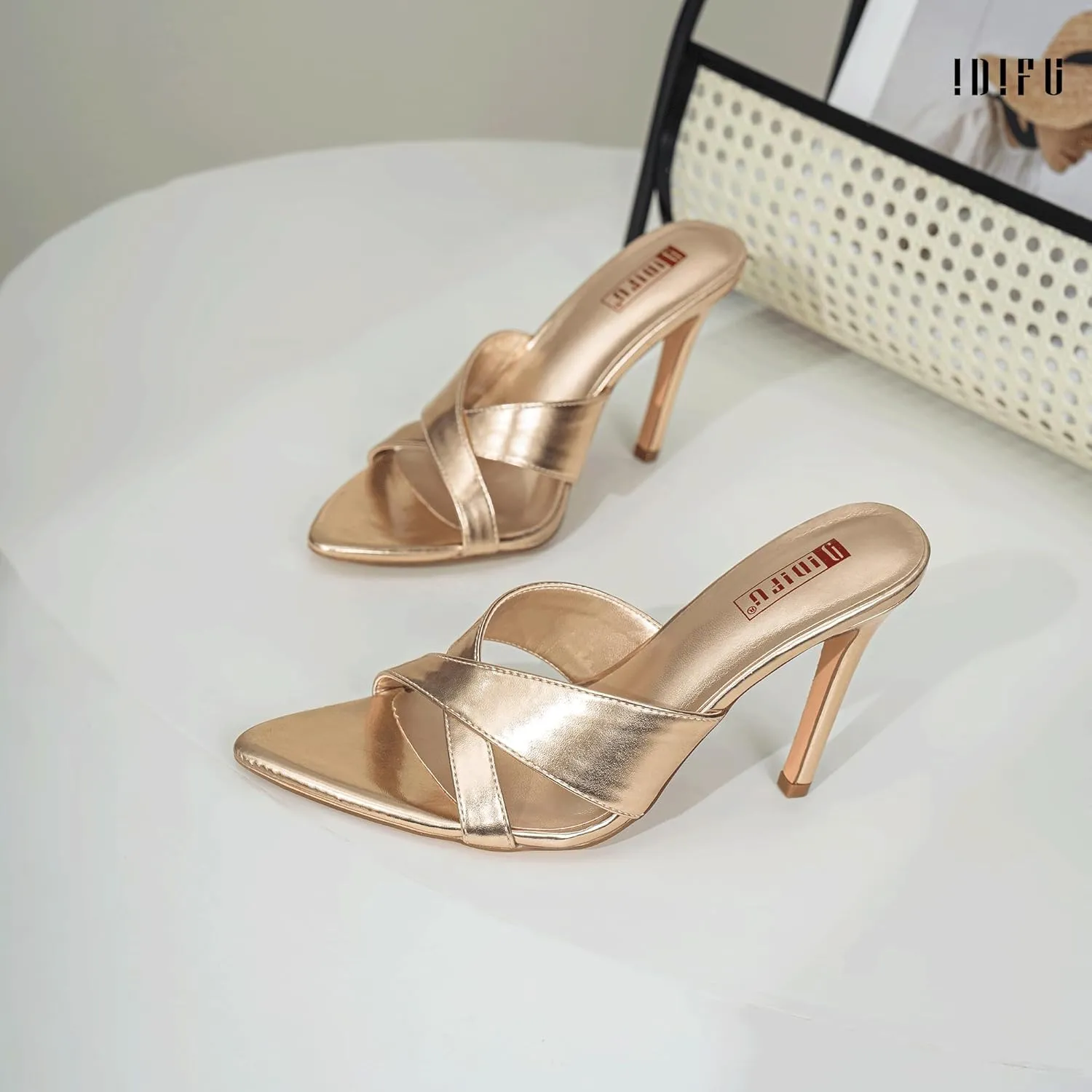 IDIFU IN4 High Heels for Women Strappy Stiletto Pointed Toe Slip On Slide Heels Comfortable Cross Strap Heel Sandals Sexy Cute Wedding Party Dress Shoes Open Toe Mule Heeled Sandals