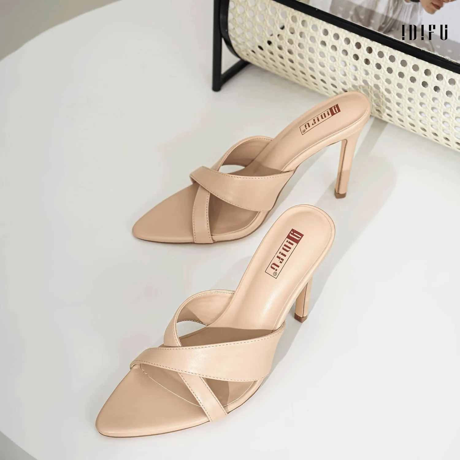 IDIFU IN4 High Heels for Women Strappy Stiletto Pointed Toe Slip On Slide Heels Comfortable Cross Strap Heel Sandals Sexy Cute Wedding Party Dress Shoes Open Toe Mule Heeled Sandals