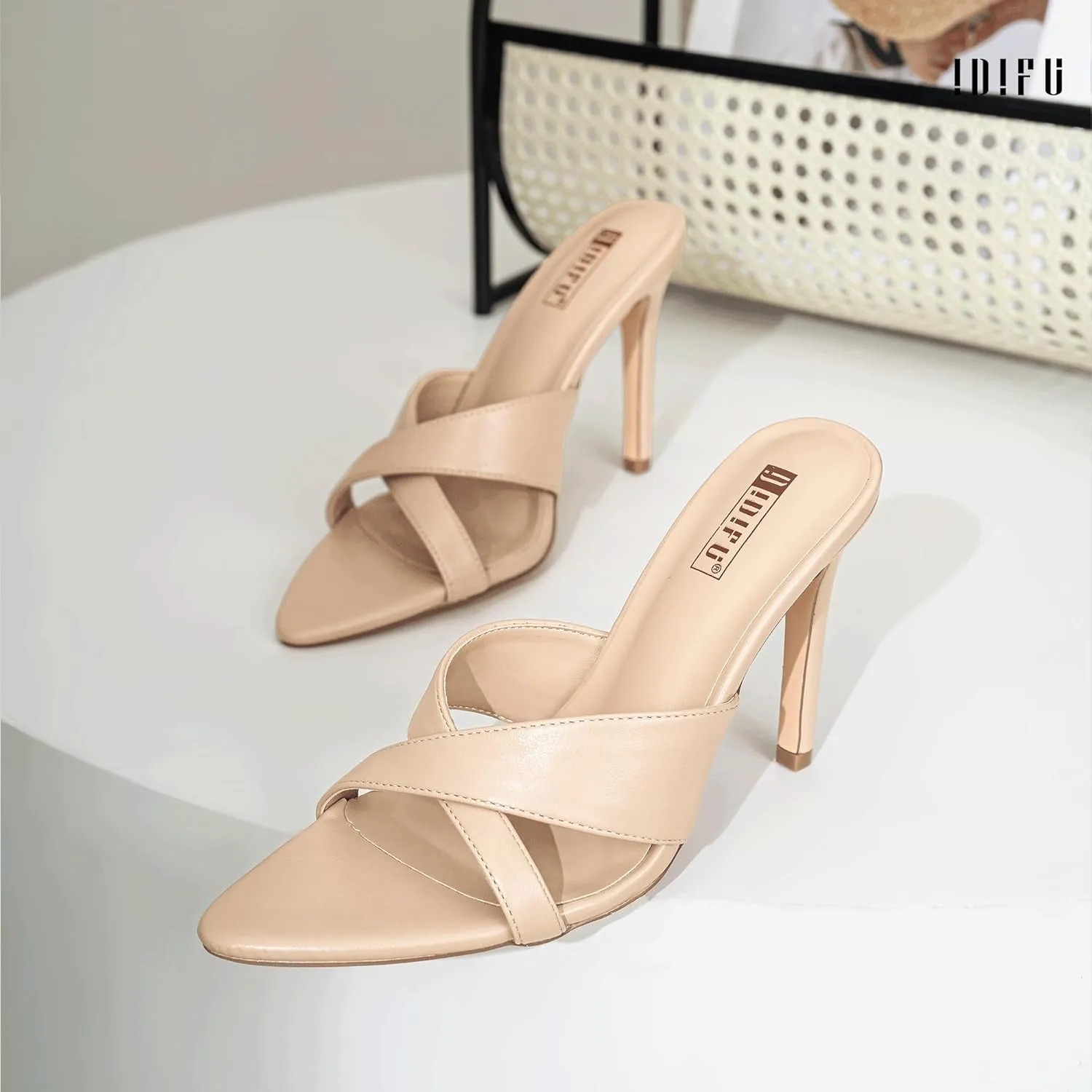 IDIFU IN4 High Heels for Women Strappy Stiletto Pointed Toe Slip On Slide Heels Comfortable Cross Strap Heel Sandals Sexy Cute Wedding Party Dress Shoes Open Toe Mule Heeled Sandals