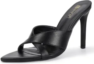 IDIFU IN4 High Heels for Women Strappy Stiletto Pointed Toe Slip On Slide Heels Comfortable Cross Strap Heel Sandals Sexy Cute Wedding Party Dress Shoes Open Toe Mule Heeled Sandals