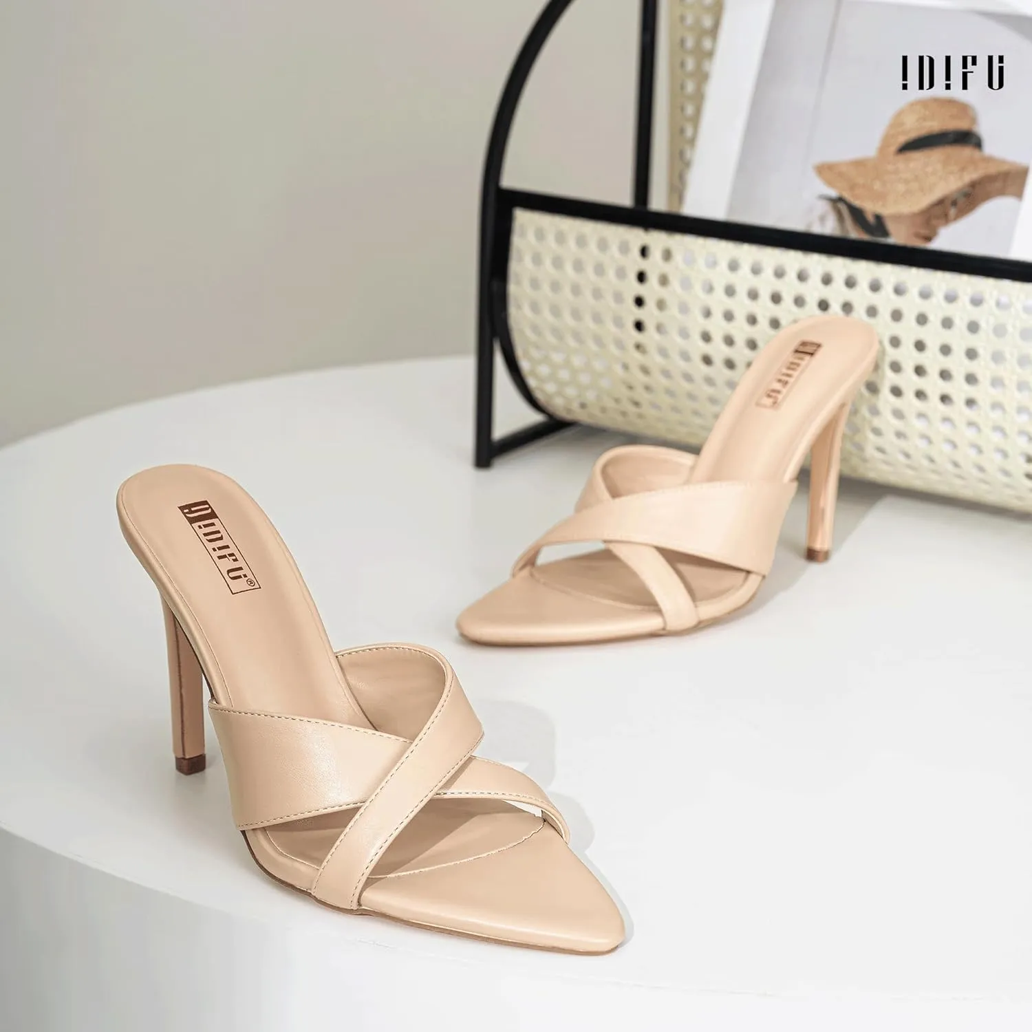 IDIFU IN4 High Heels for Women Strappy Stiletto Pointed Toe Slip On Slide Heels Comfortable Cross Strap Heel Sandals Sexy Cute Wedding Party Dress Shoes Open Toe Mule Heeled Sandals