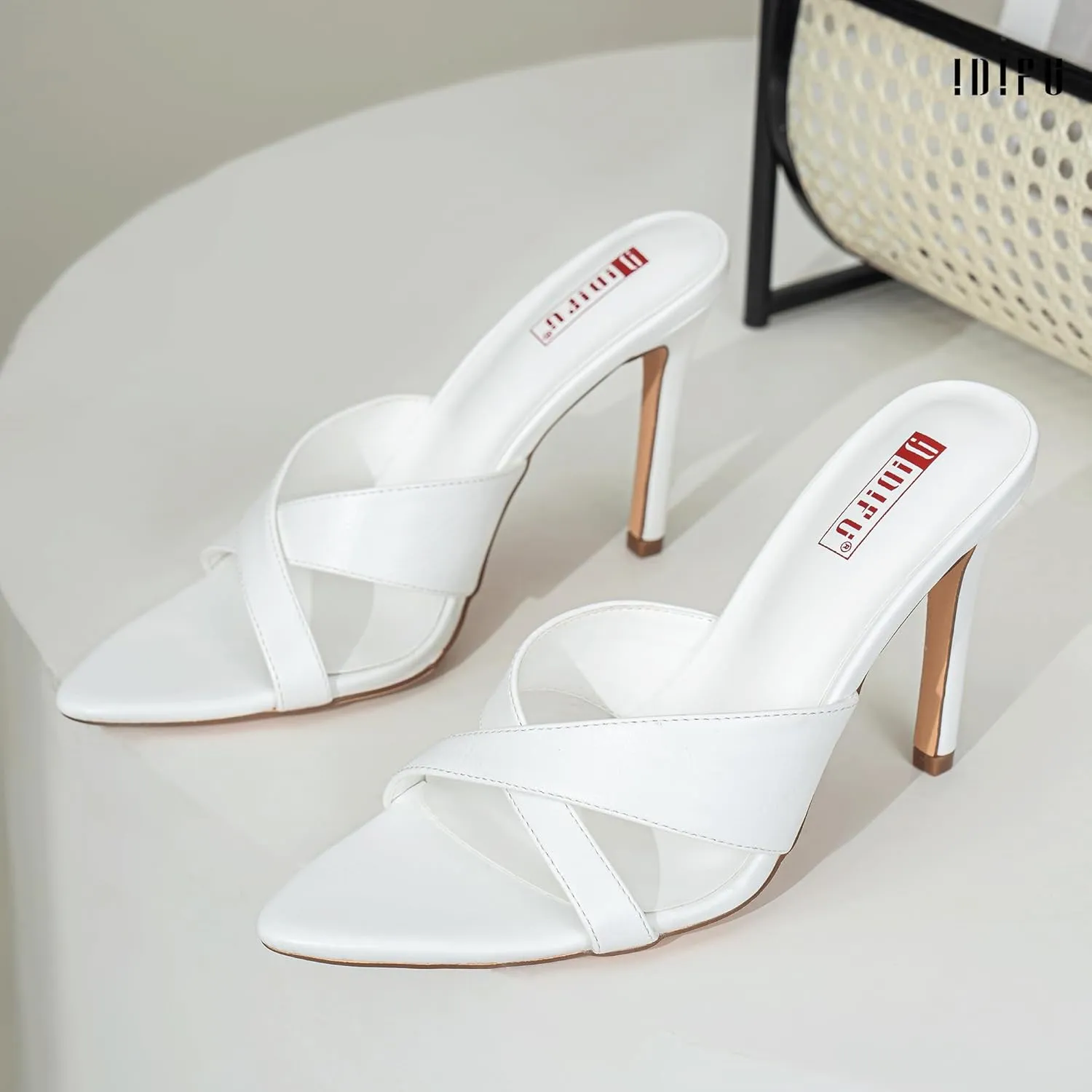 IDIFU IN4 High Heels for Women Strappy Stiletto Pointed Toe Slip On Slide Heels Comfortable Cross Strap Heel Sandals Sexy Cute Wedding Party Dress Shoes Open Toe Mule Heeled Sandals
