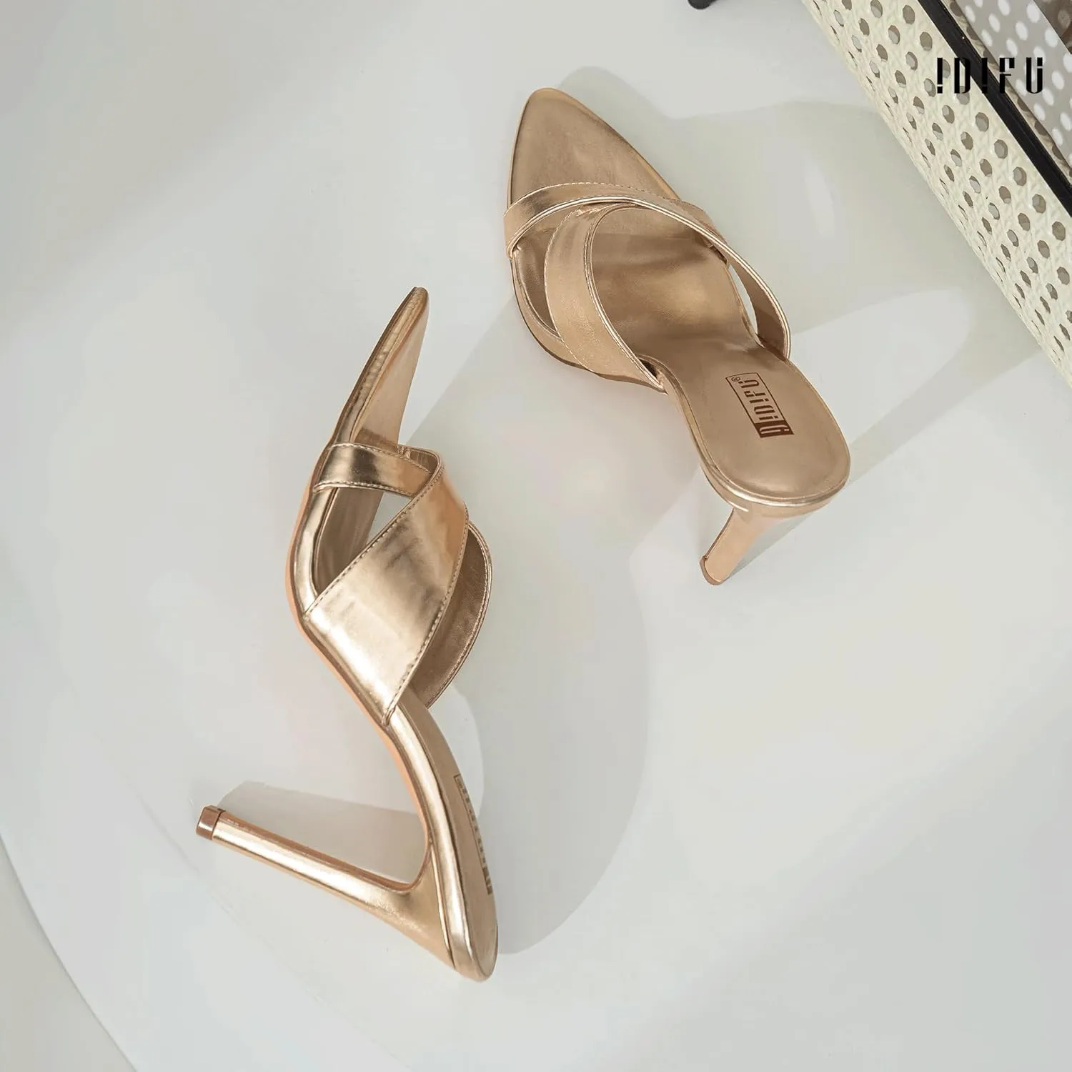 IDIFU IN4 High Heels for Women Strappy Stiletto Pointed Toe Slip On Slide Heels Comfortable Cross Strap Heel Sandals Sexy Cute Wedding Party Dress Shoes Open Toe Mule Heeled Sandals