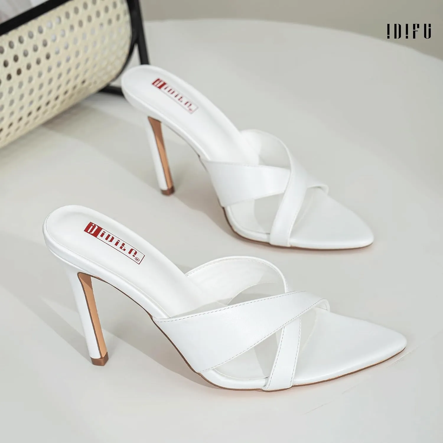 IDIFU IN4 High Heels for Women Strappy Stiletto Pointed Toe Slip On Slide Heels Comfortable Cross Strap Heel Sandals Sexy Cute Wedding Party Dress Shoes Open Toe Mule Heeled Sandals