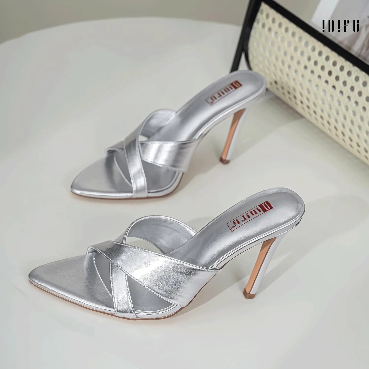 IDIFU IN4 High Heels for Women Strappy Stiletto Pointed Toe Slip On Slide Heels Comfortable Cross Strap Heel Sandals Sexy Cute Wedding Party Dress Shoes Open Toe Mule Heeled Sandals