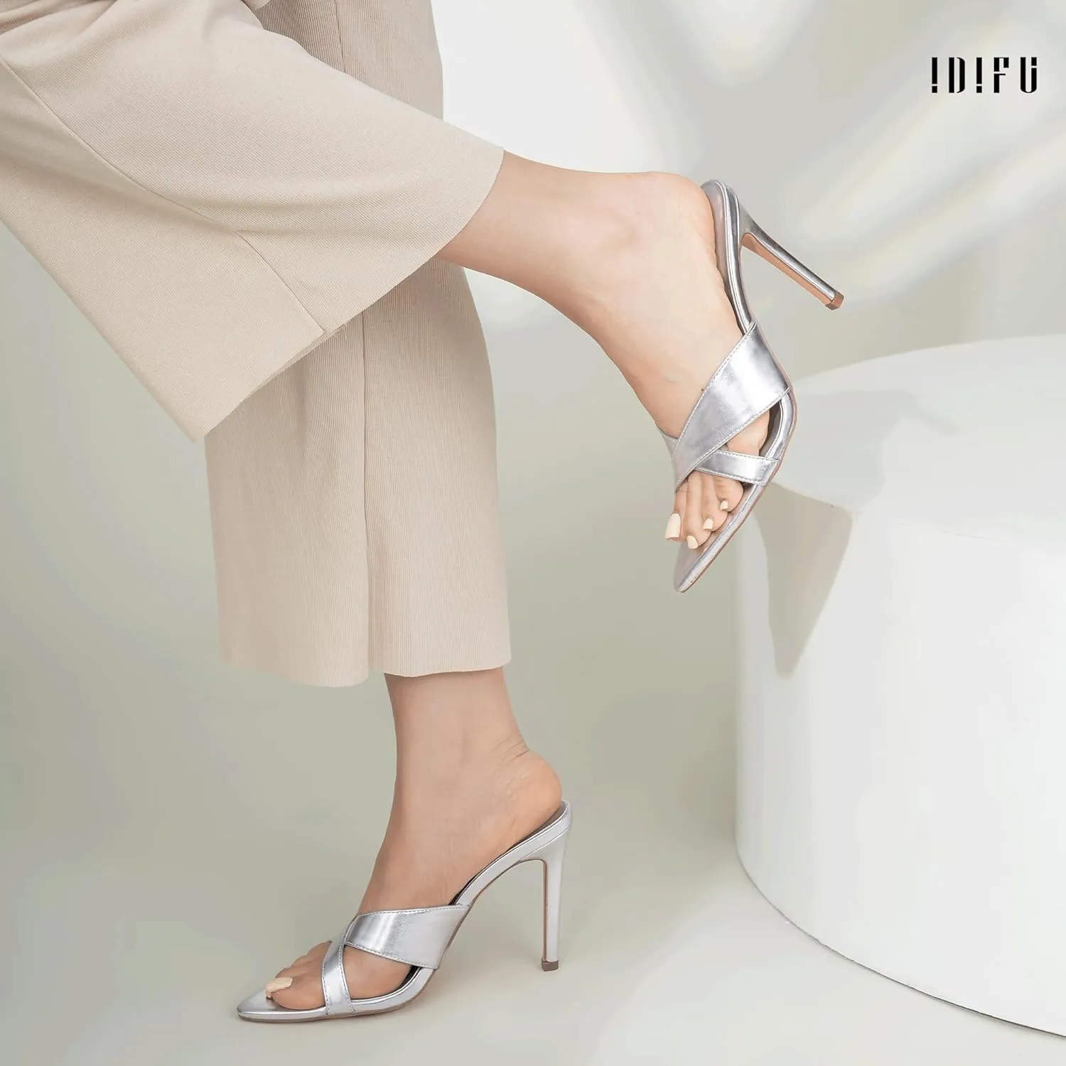 IDIFU IN4 High Heels for Women Strappy Stiletto Pointed Toe Slip On Slide Heels Comfortable Cross Strap Heel Sandals Sexy Cute Wedding Party Dress Shoes Open Toe Mule Heeled Sandals