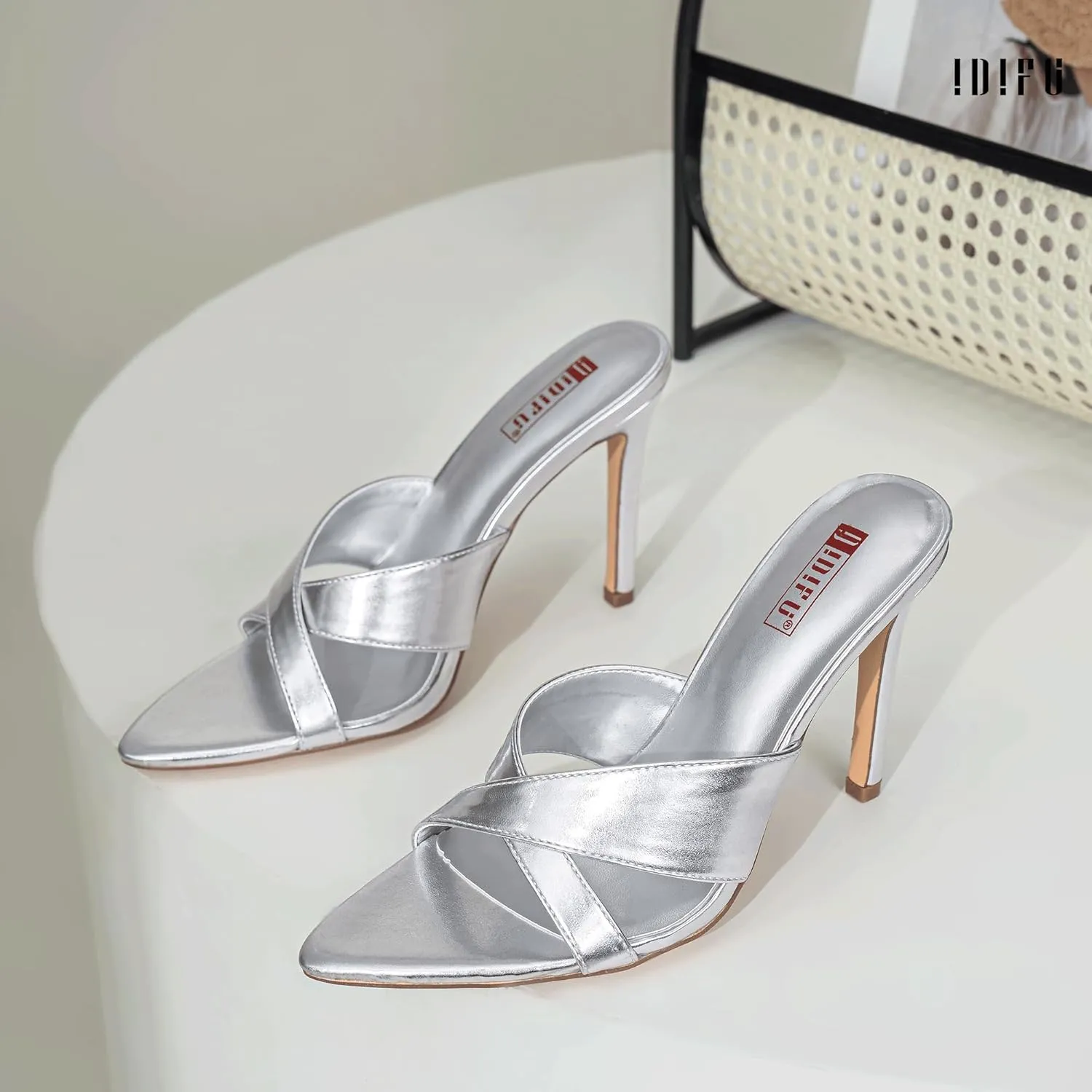 IDIFU IN4 High Heels for Women Strappy Stiletto Pointed Toe Slip On Slide Heels Comfortable Cross Strap Heel Sandals Sexy Cute Wedding Party Dress Shoes Open Toe Mule Heeled Sandals