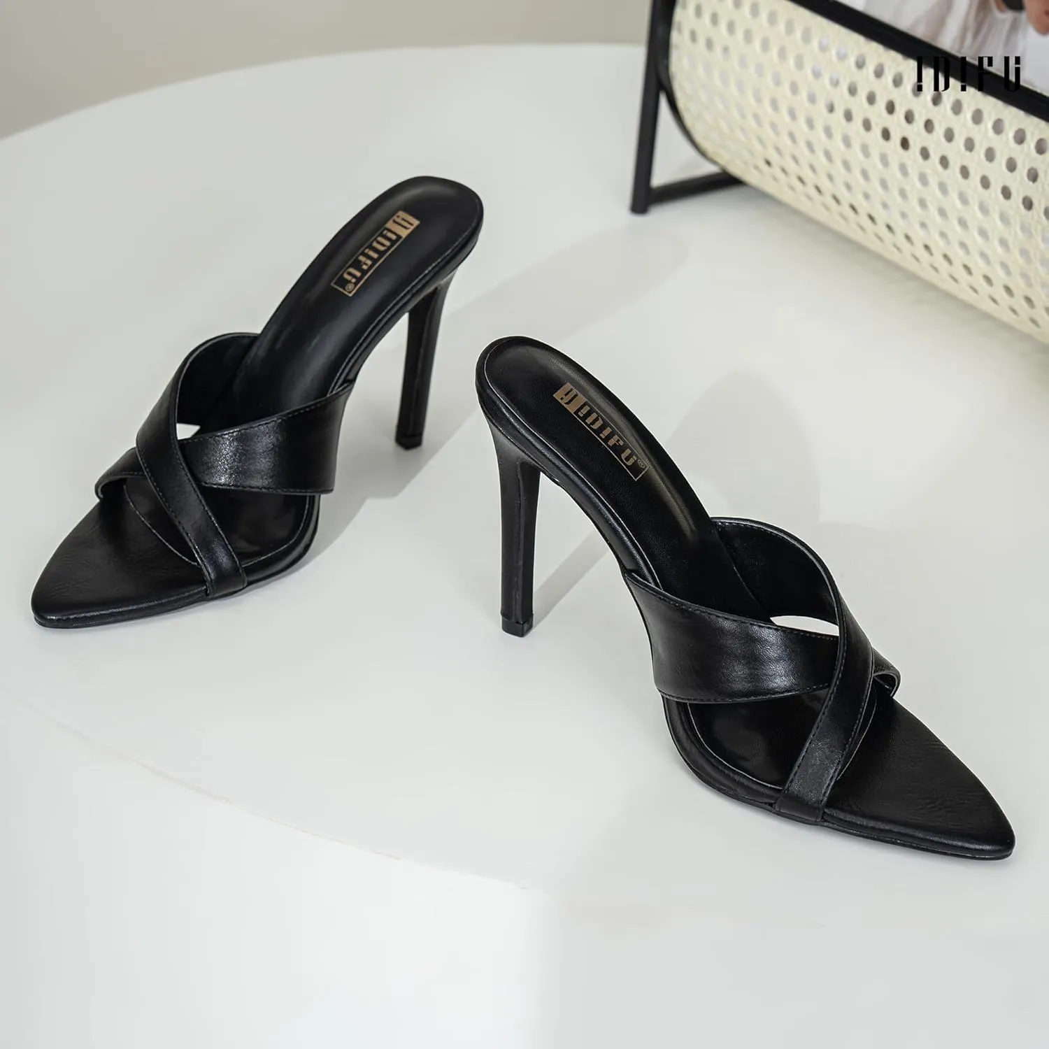 IDIFU IN4 High Heels for Women Strappy Stiletto Pointed Toe Slip On Slide Heels Comfortable Cross Strap Heel Sandals Sexy Cute Wedding Party Dress Shoes Open Toe Mule Heeled Sandals