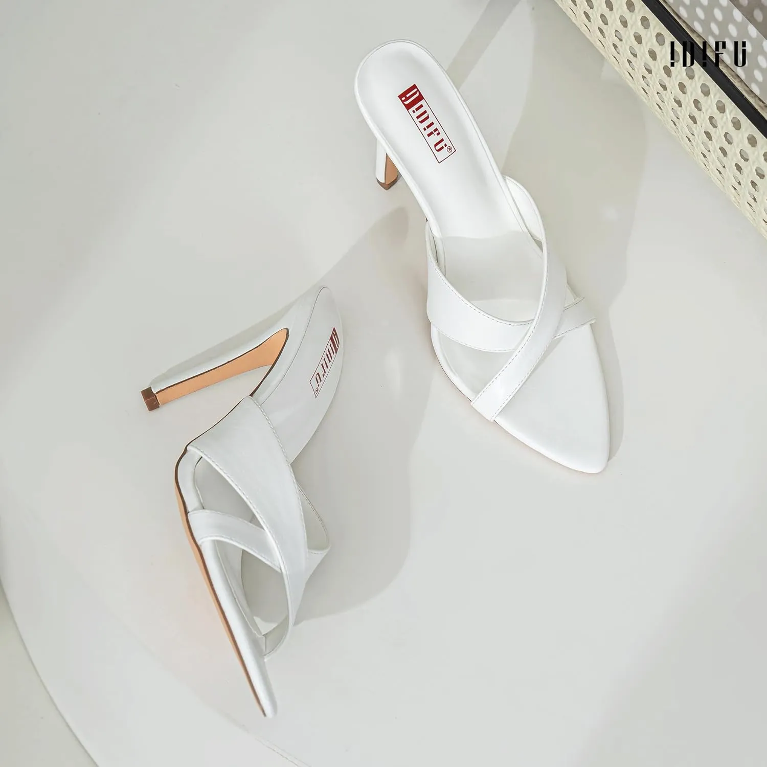 IDIFU IN4 High Heels for Women Strappy Stiletto Pointed Toe Slip On Slide Heels Comfortable Cross Strap Heel Sandals Sexy Cute Wedding Party Dress Shoes Open Toe Mule Heeled Sandals
