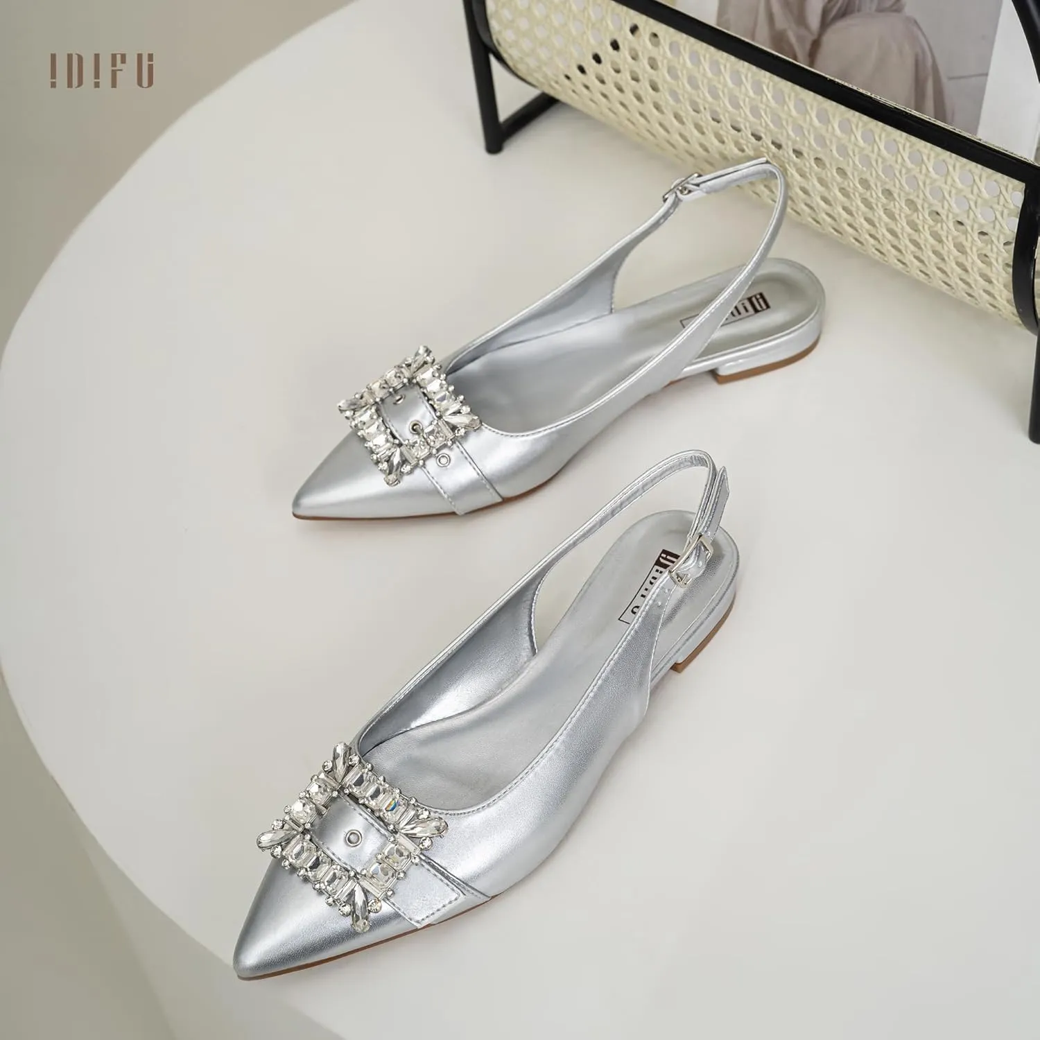 IDIFU Slingback Flats for Women Pointed Toe Rhinestone Buckle Flats for Women Dressy Casual Fashion Comfortable Sexy Work Office Daily Wedding Party Bridal Dress Shoes for Women