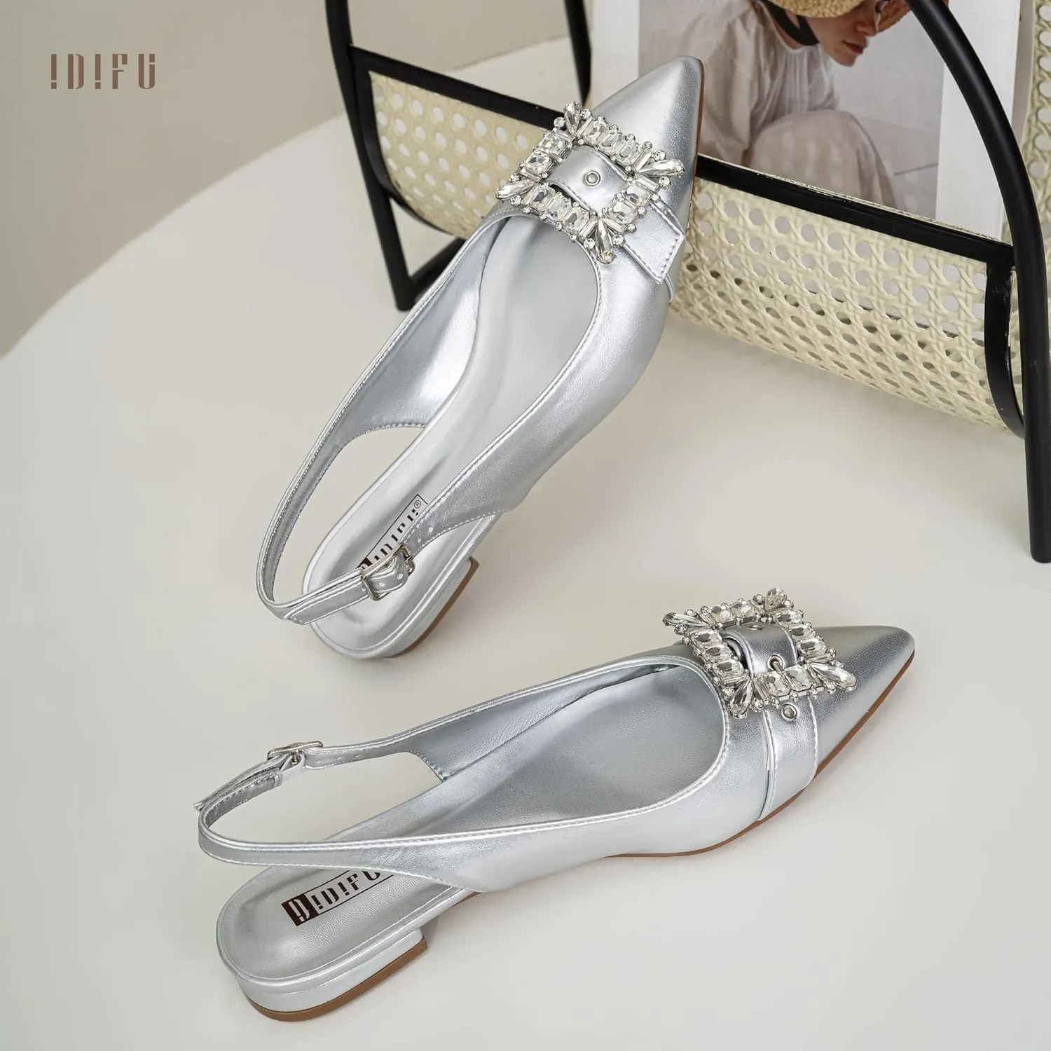 IDIFU Slingback Flats for Women Pointed Toe Rhinestone Buckle Flats for Women Dressy Casual Fashion Comfortable Sexy Work Office Daily Wedding Party Bridal Dress Shoes for Women