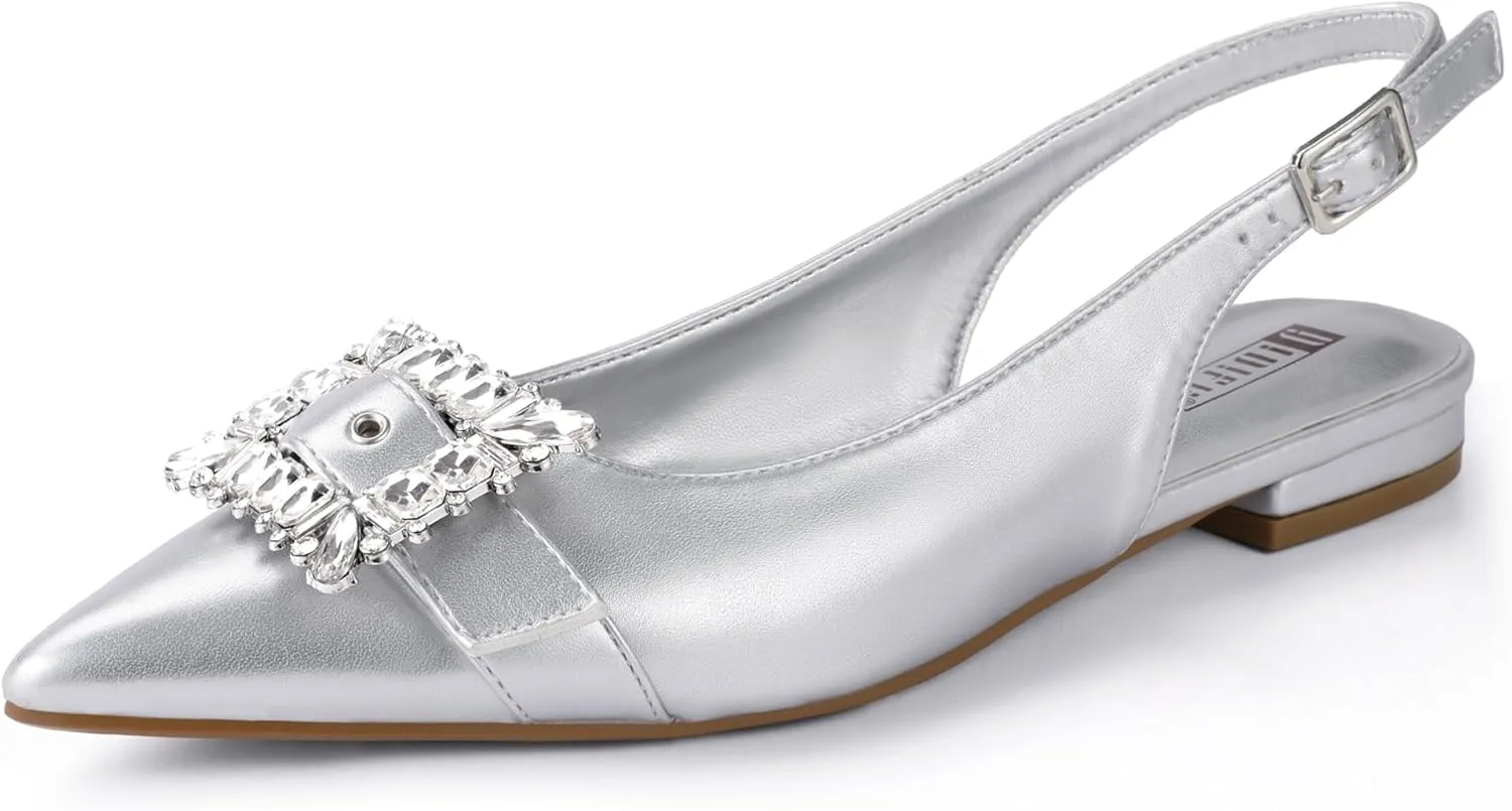 IDIFU Slingback Flats for Women Pointed Toe Rhinestone Buckle Flats for Women Dressy Casual Fashion Comfortable Sexy Work Office Daily Wedding Party Bridal Dress Shoes for Women