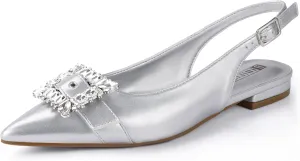 IDIFU Slingback Flats for Women Pointed Toe Rhinestone Buckle Flats for Women Dressy Casual Fashion Comfortable Sexy Work Office Daily Wedding Party Bridal Dress Shoes for Women