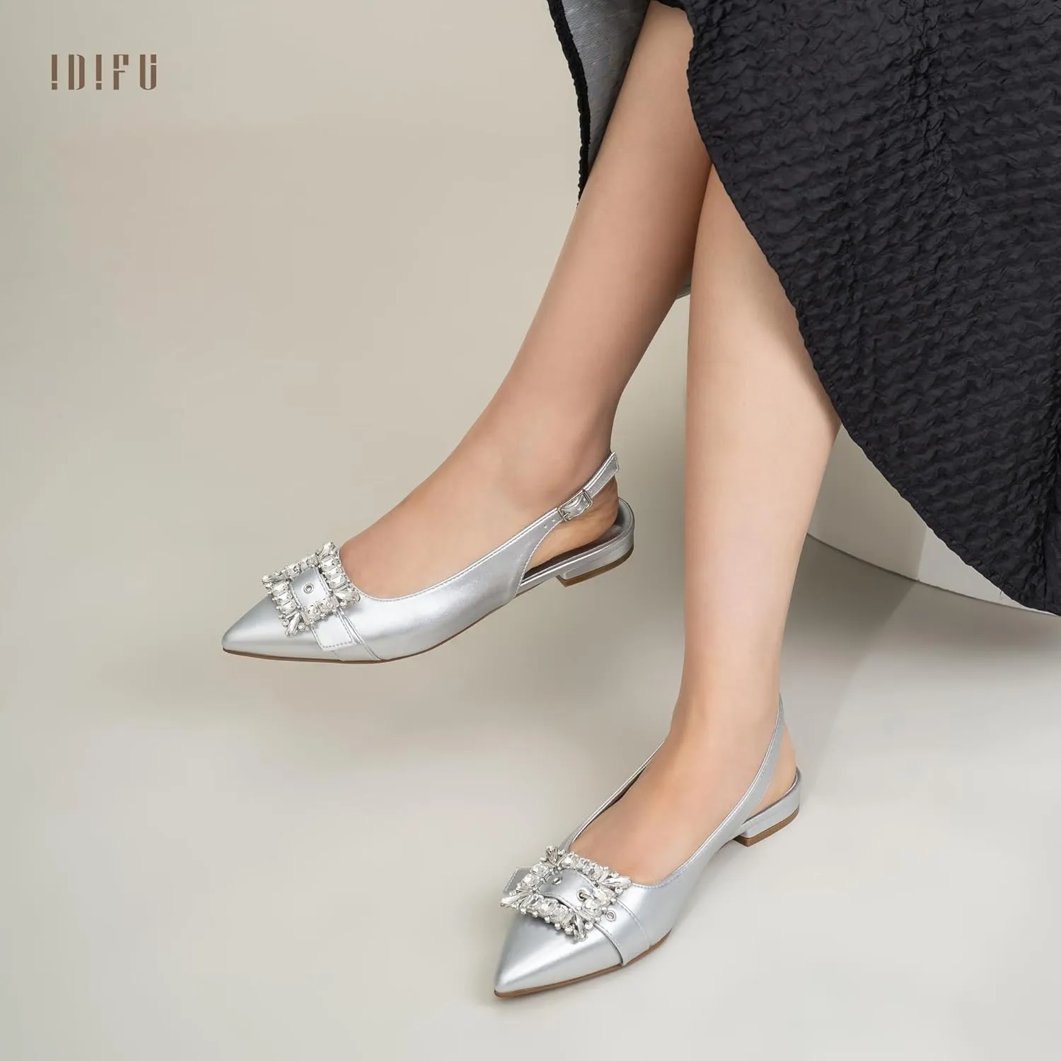 IDIFU Slingback Flats for Women Pointed Toe Rhinestone Buckle Flats for Women Dressy Casual Fashion Comfortable Sexy Work Office Daily Wedding Party Bridal Dress Shoes for Women